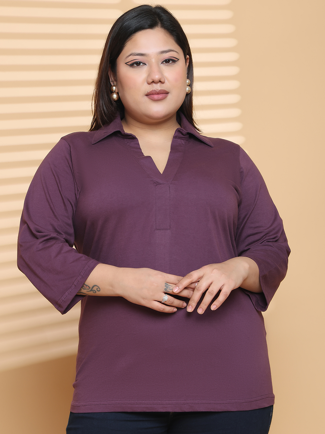 Women's Plus Size Purple Solid Color Cotton knitted T-shirt