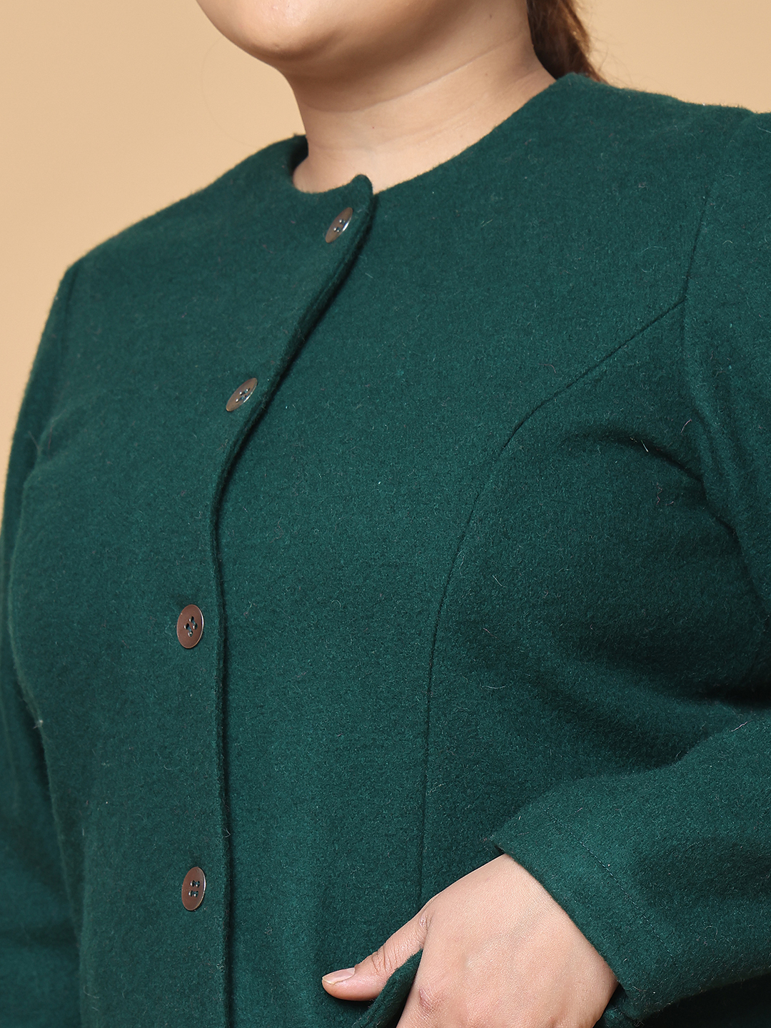 Women's Plus Size Bright Green Solid Color Felt winter Jacket, has a round neck, front open button closures, long sleeves, two front flap pockets and straight hem.