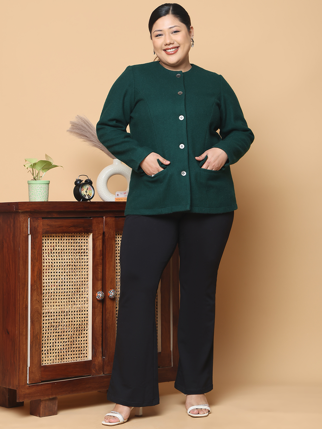 Women's Plus Size Bright Green Solid Color Felt winter Jacket, has a round neck, front open button closures, long sleeves, two front flap pockets and straight hem.