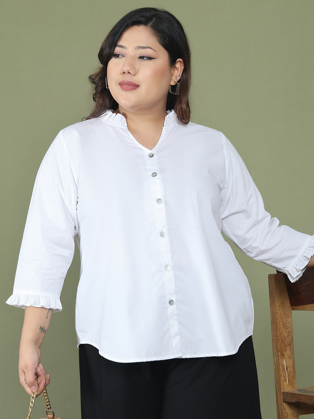 Women's Plus Size White Solid Color Cotton Woven Top