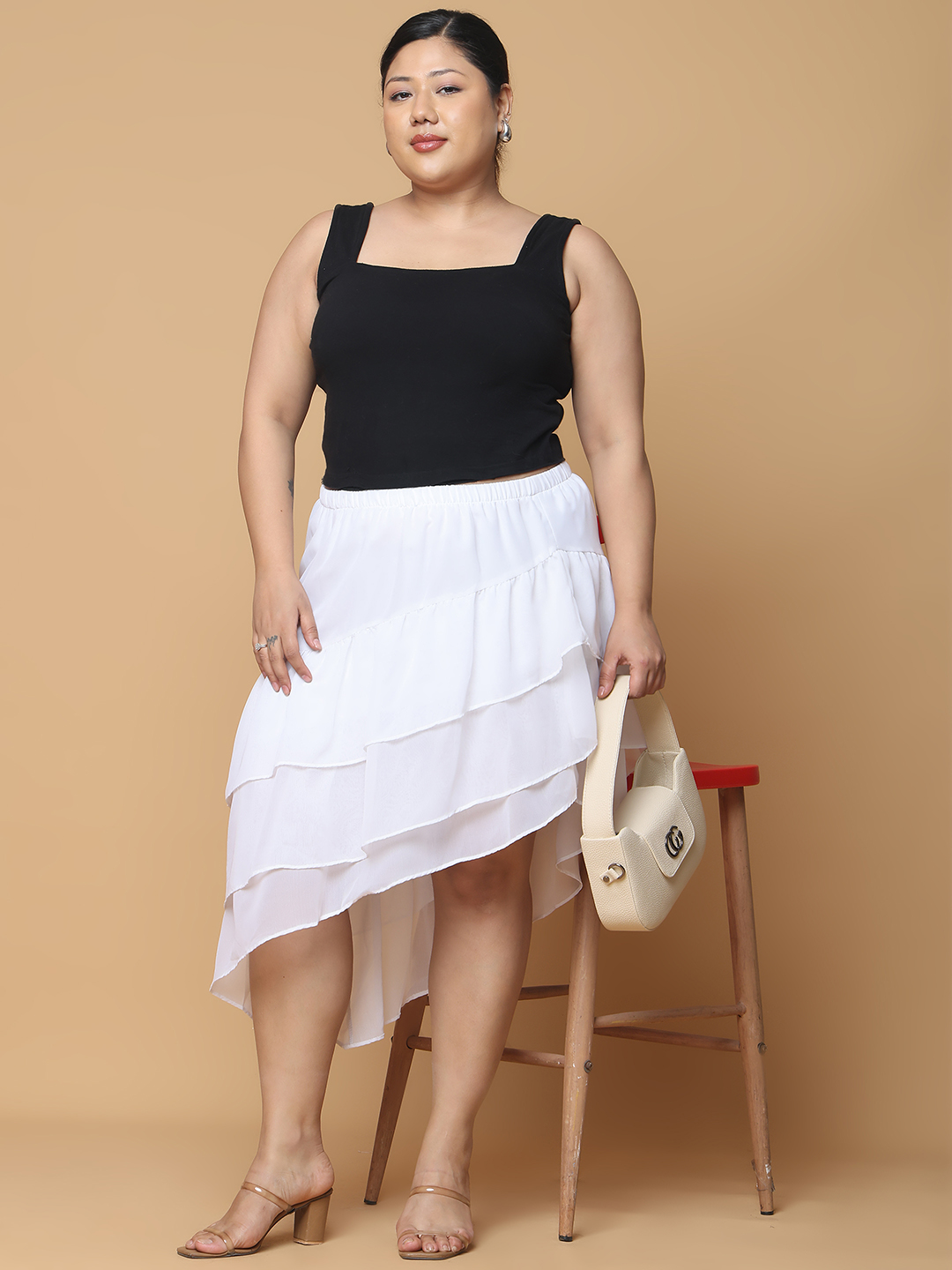 Women's Plus Size White Solid Color A-Line Georgette Skirt with attached lining