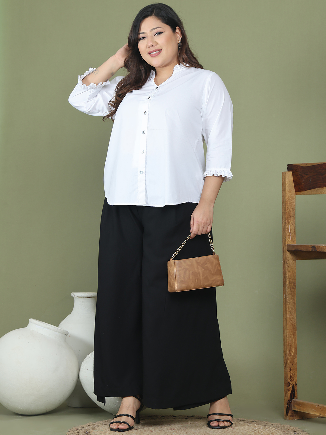 Women's Plus Size White Solid Color Cotton Woven Top