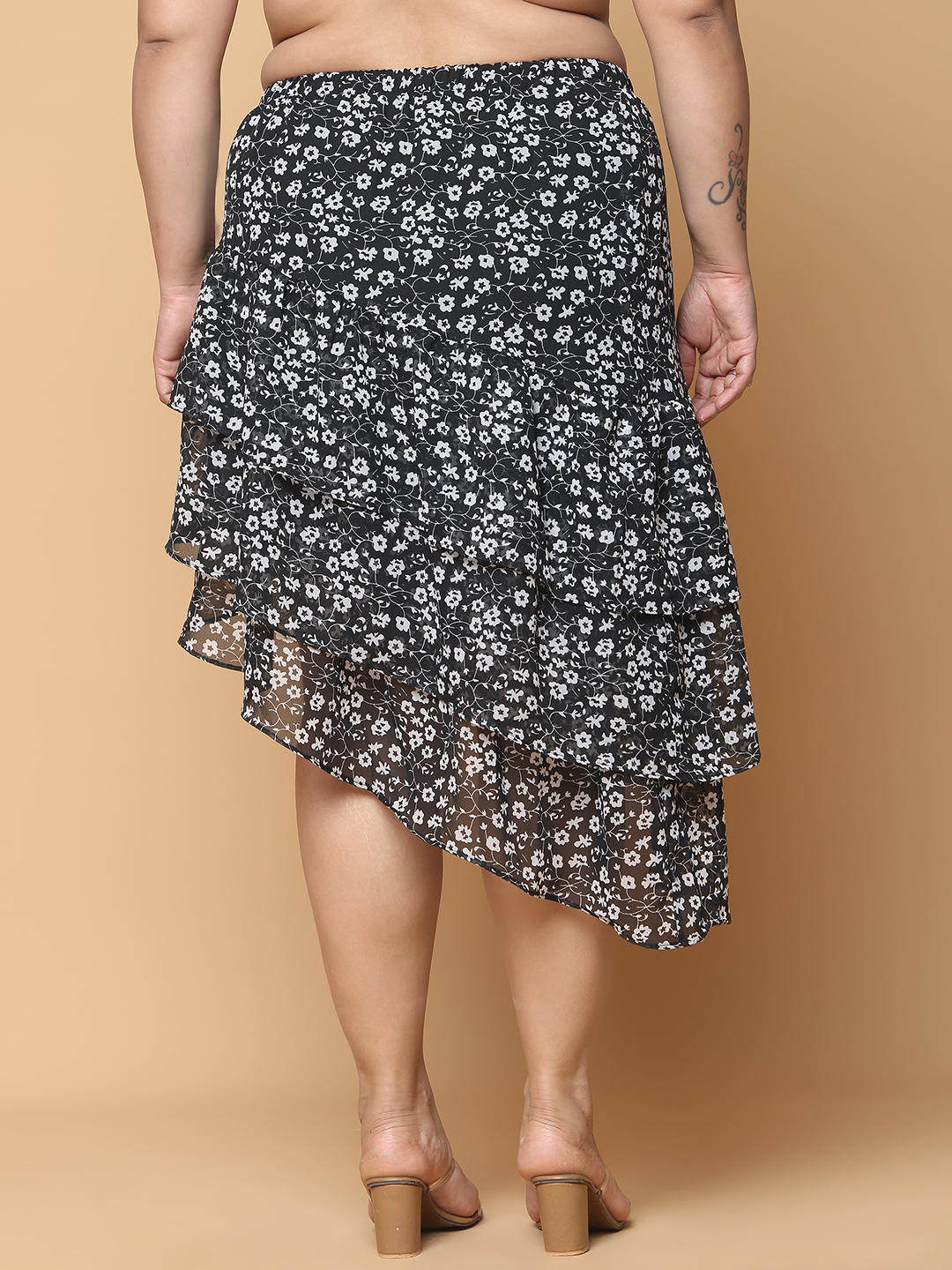 Women's Plus Size Black floral Printed A-Line Georgette Skirt with attached lining
