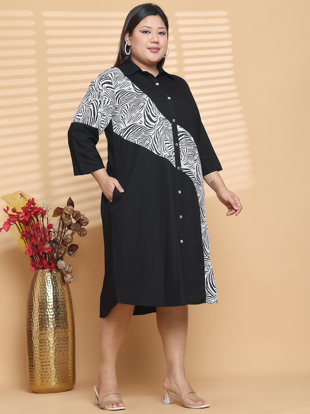 Women's Plus Size Black and White & Black zebra printed Color Block Shirt Dress