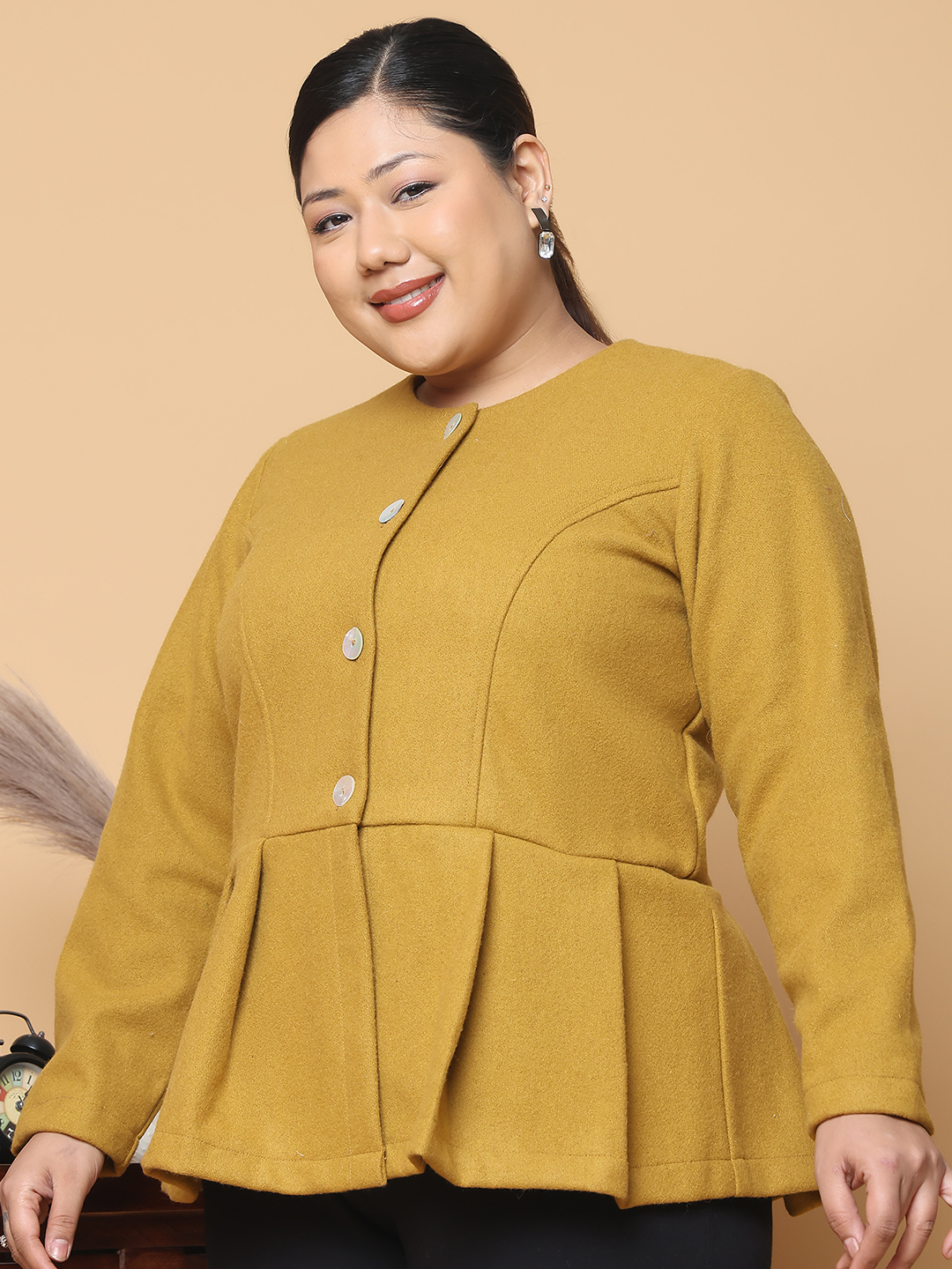 Women's Plus Size Mustard Solid Color Felt winter Peplum Jacket, has a round neck, front open button closures, long sleeves, pleated detail and straight hem.