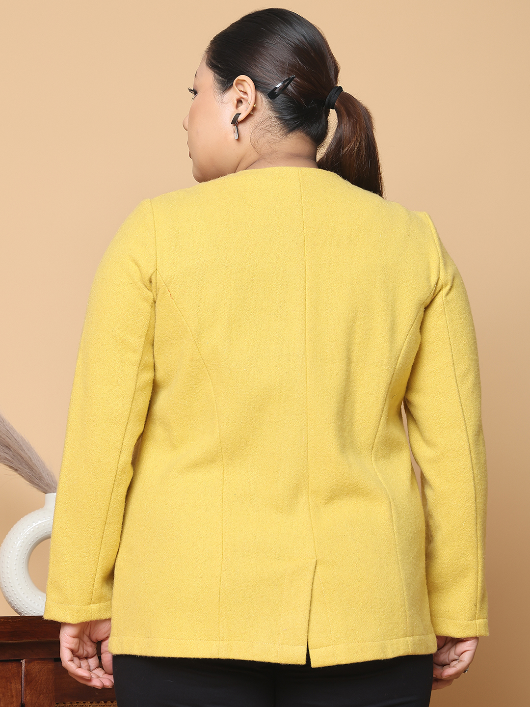 Women's Plus Size Mustard Solid Color Felt winter Jacket, has a round neck, front open button closures, long sleeves, two front flap pockets and straight hem.