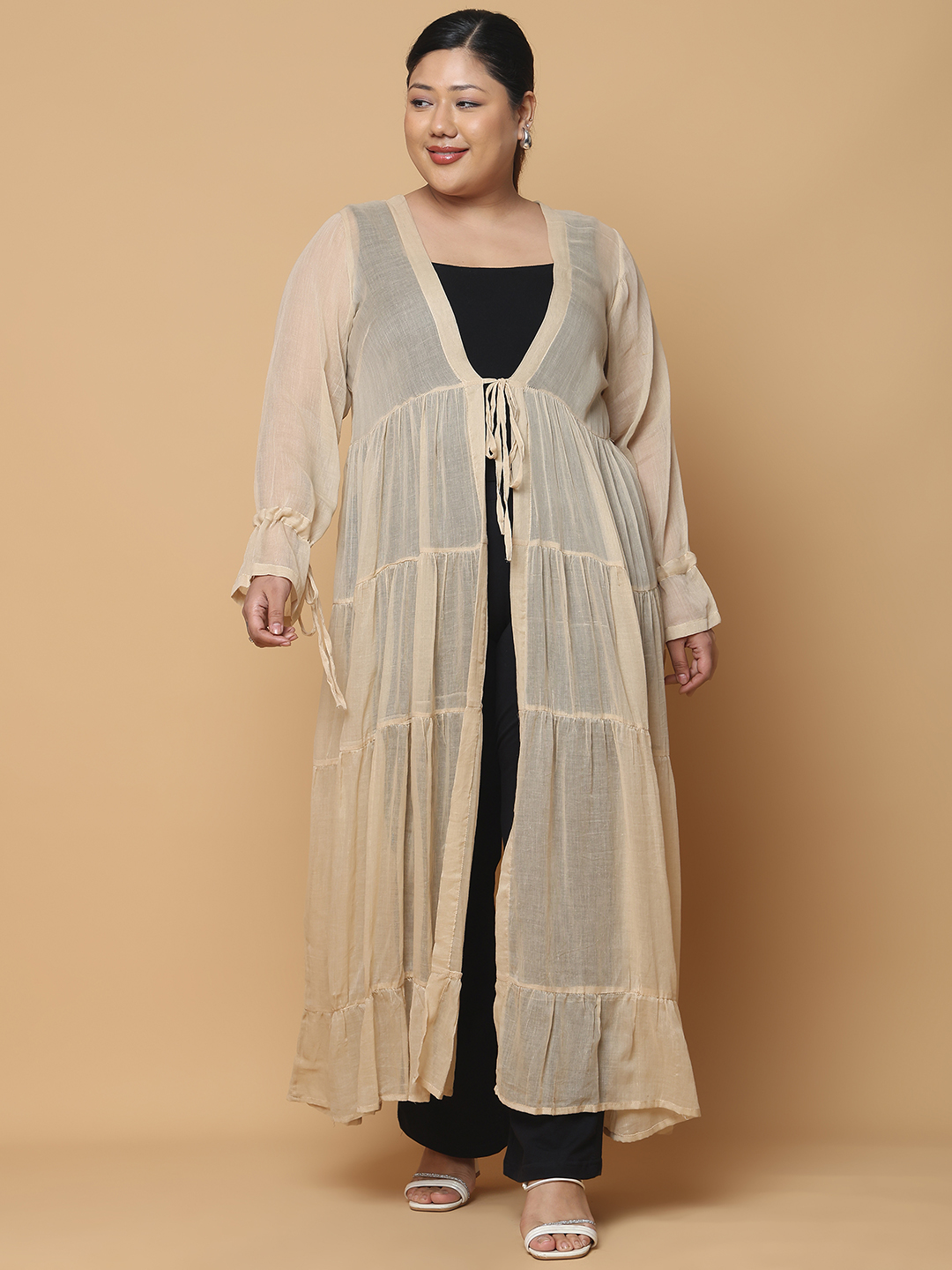 Women's Plus Size Beige Solid Color Longline Cotton Shrug