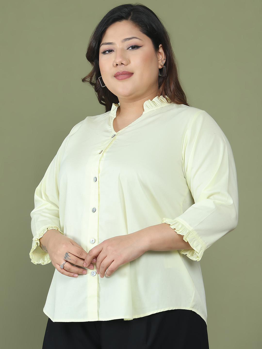 Women's Plus Size Lime Solid Color Cotton Woven Top