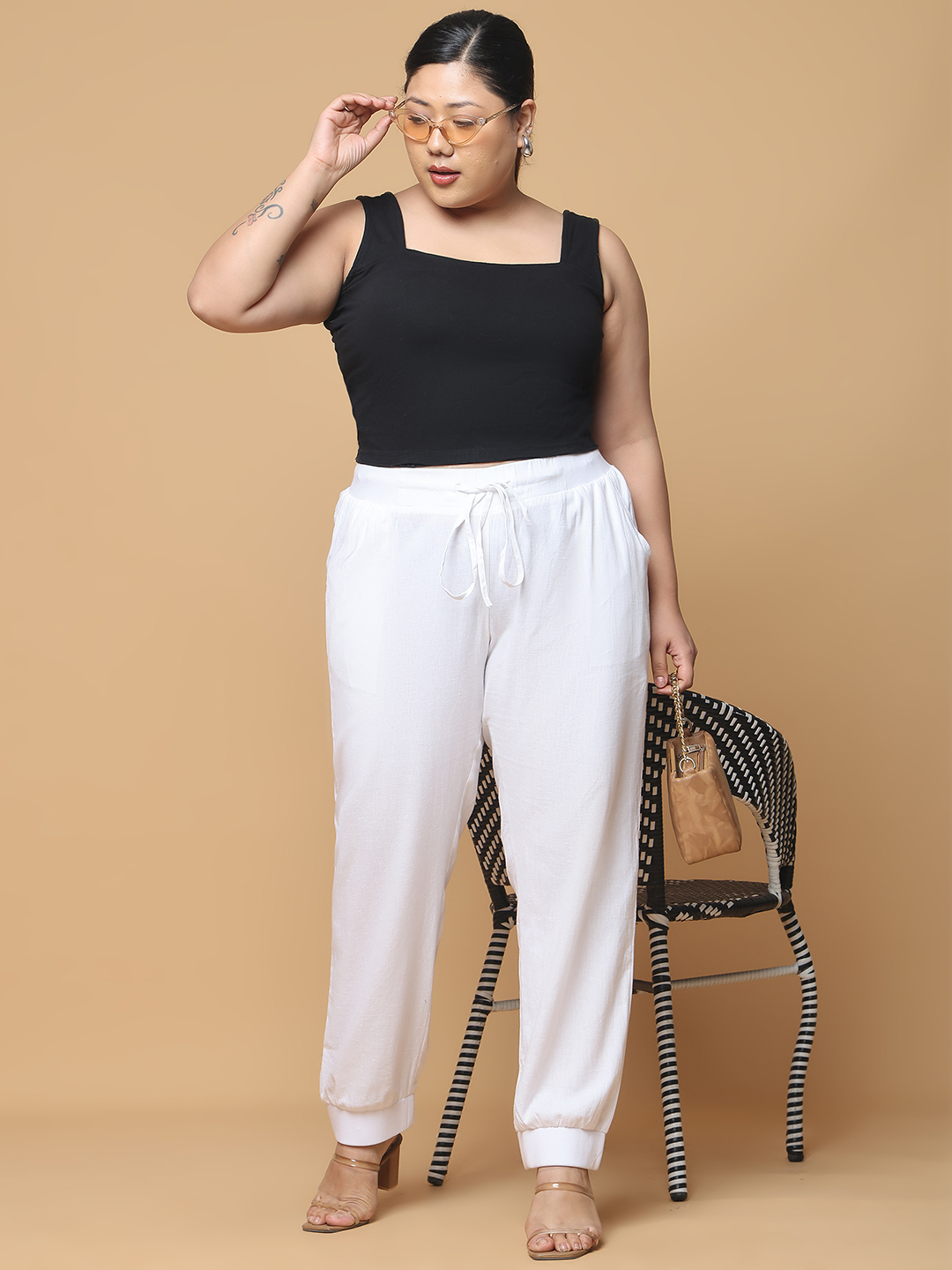 Women's Plus Size White Solid Color Linen Trouser