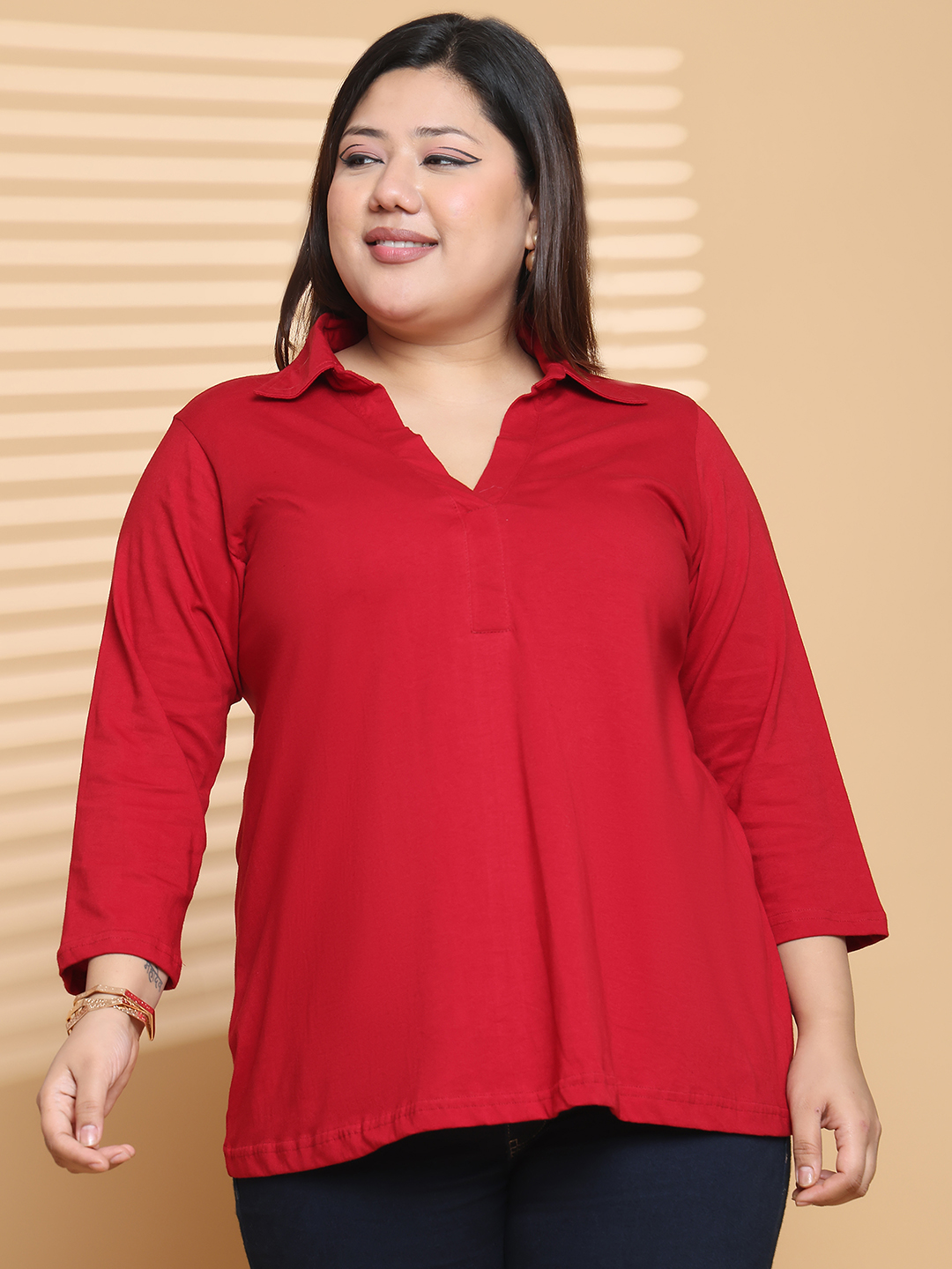 Women's Plus Size Maroon Solid Color Cotton knitted T-shirt