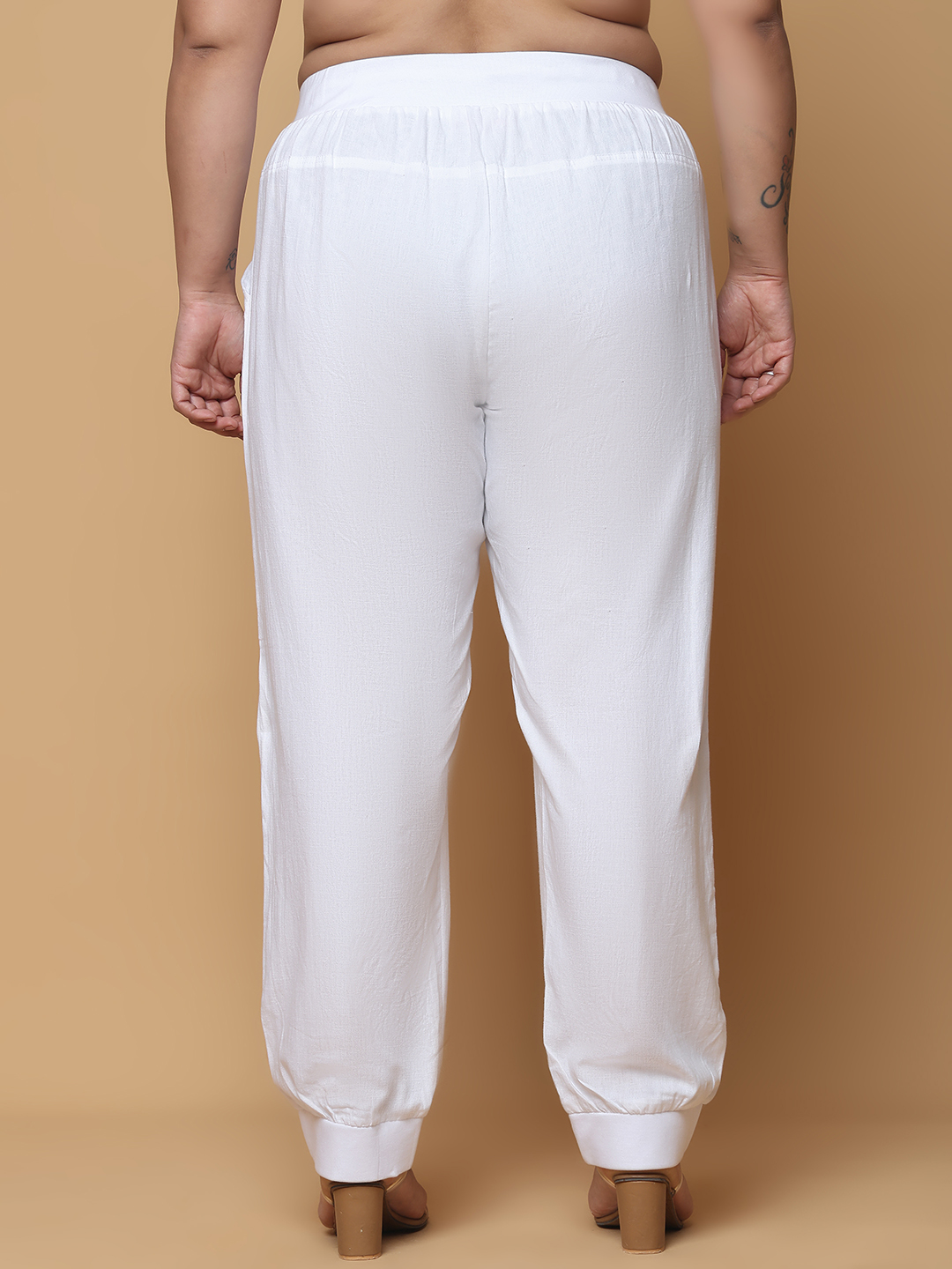 Women's Plus Size White Solid Color Linen Trouser