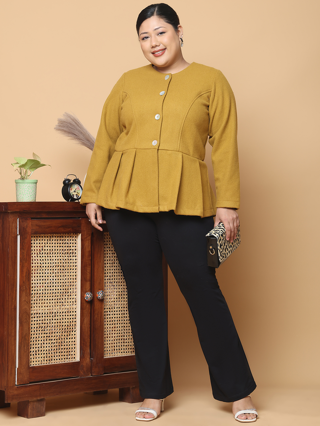 Women's Plus Size Mustard Solid Color Felt winter Peplum Jacket, has a round neck, front open button closures, long sleeves, pleated detail and straight hem.