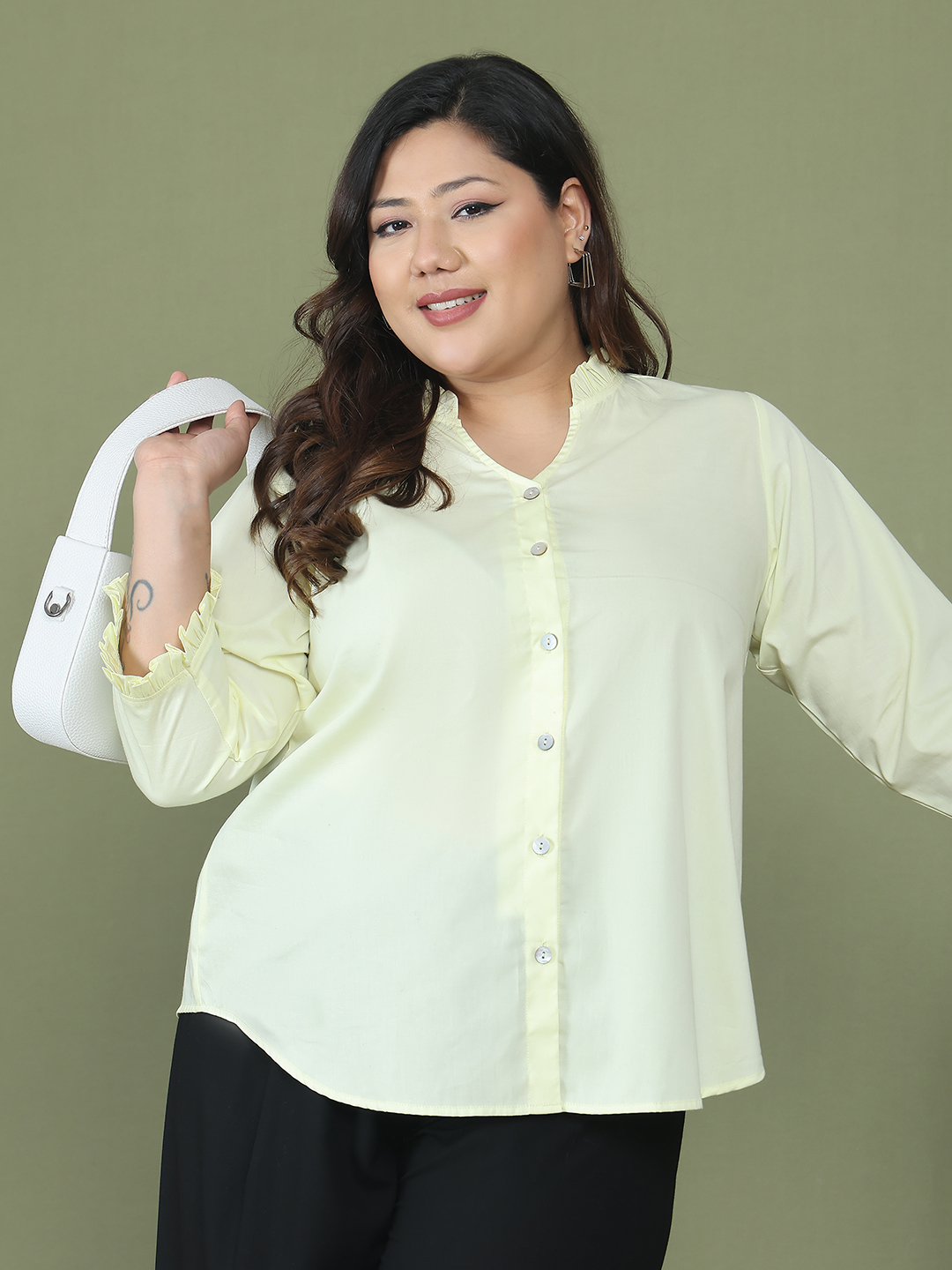 Women's Plus Size Lime Solid Color Cotton Woven Top