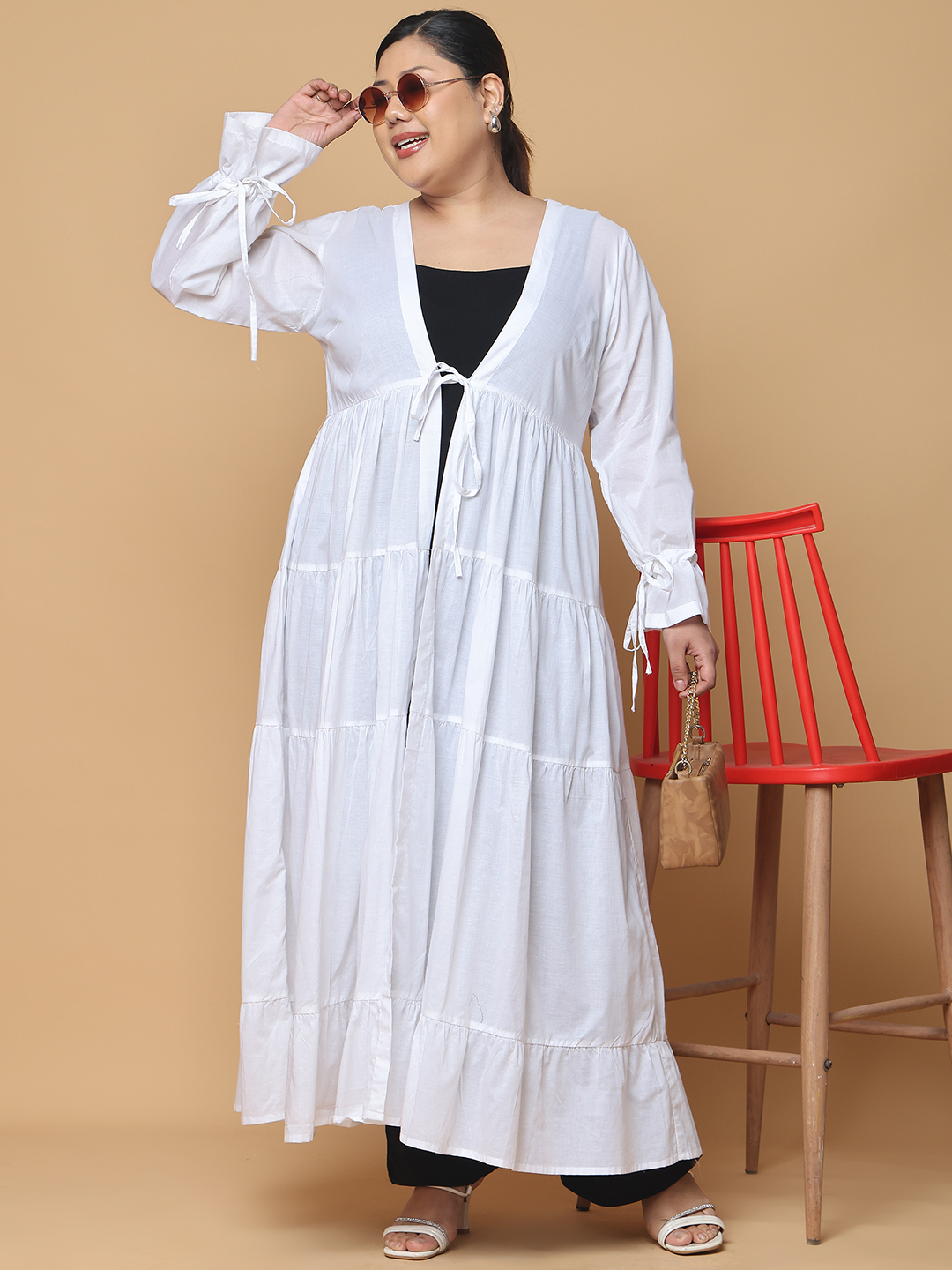 Women's Plus Size White Solid Color Longline Cotton Shrug