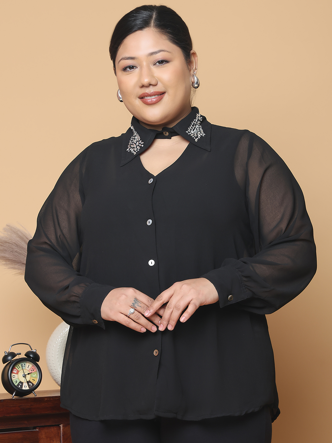 Women's Plus Size Black Solid Color Georgette Shirt