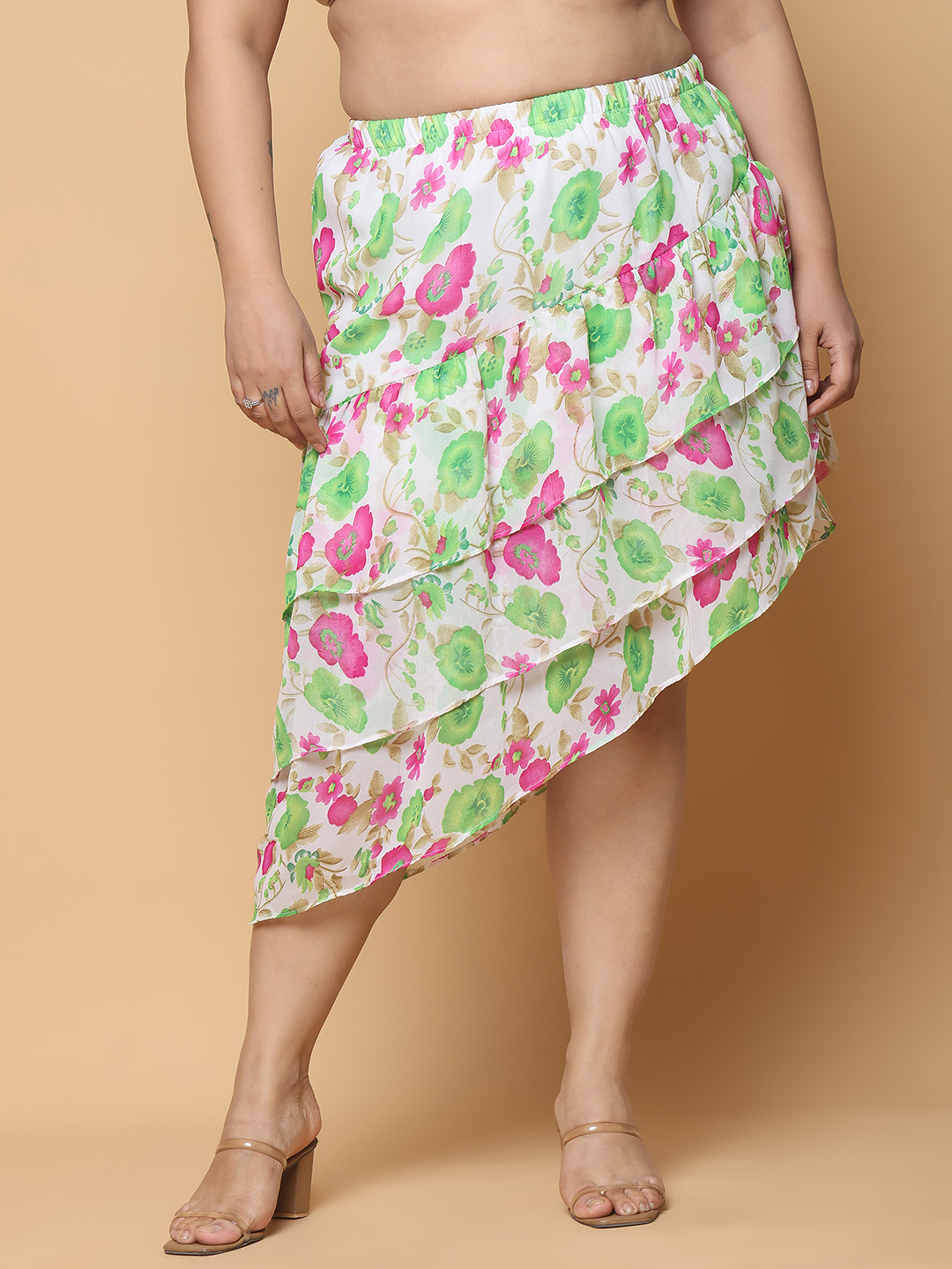 Women's Plus Size Bright Green floral Printed A-Line Georgette Skirt with attached lining