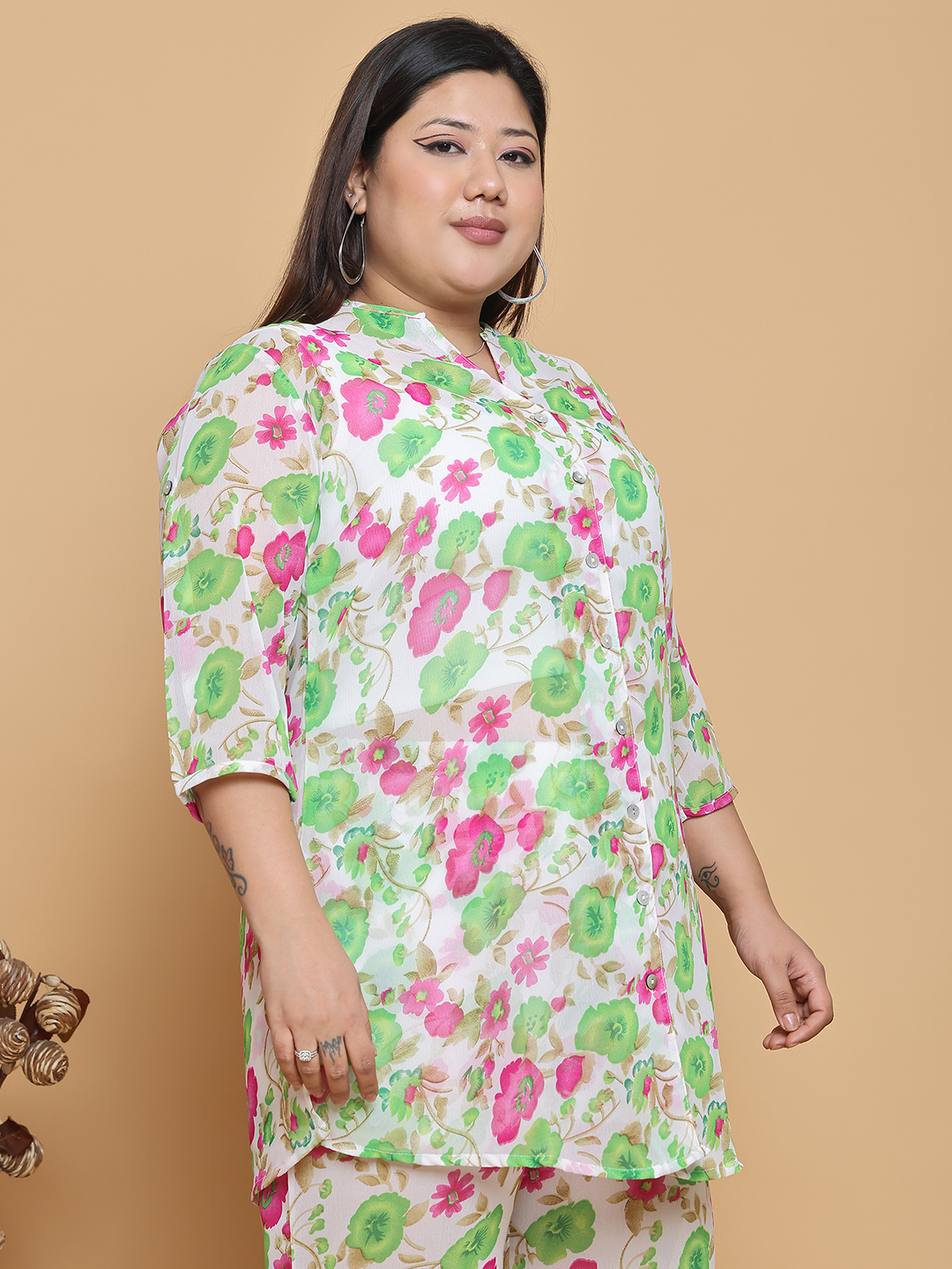 Women's Plus Size Bright Green floral printed casual georgette shirt