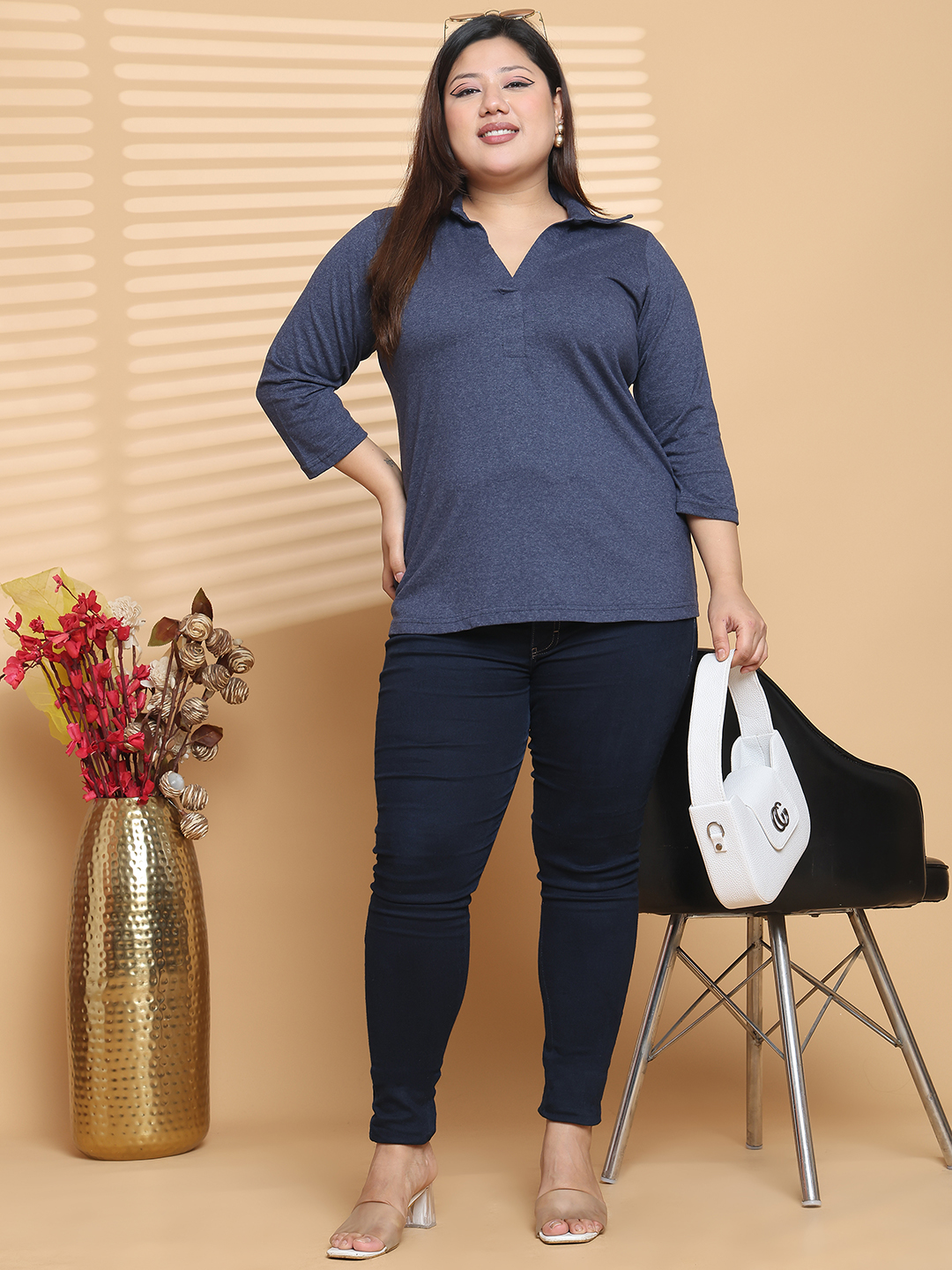 Women's Plus Size Melange Blue Solid Color Cotton knitted T-shirt