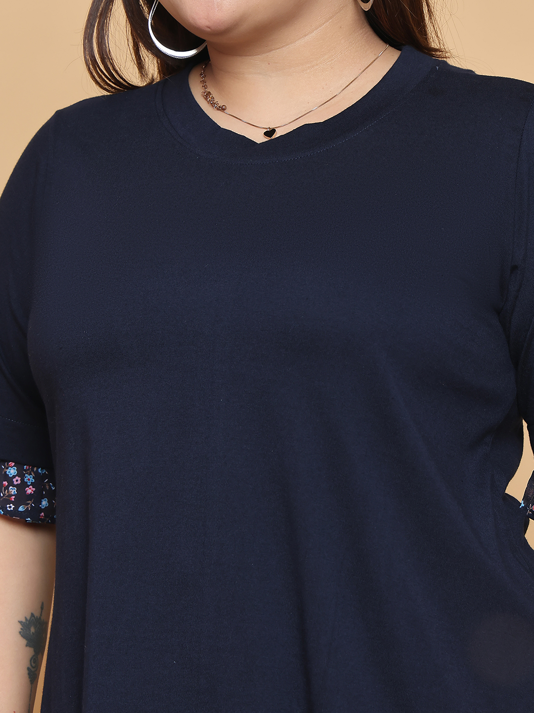 Women's Plus Size Navy Blue solid color cotton knitted Top with attached georgette frill at arm