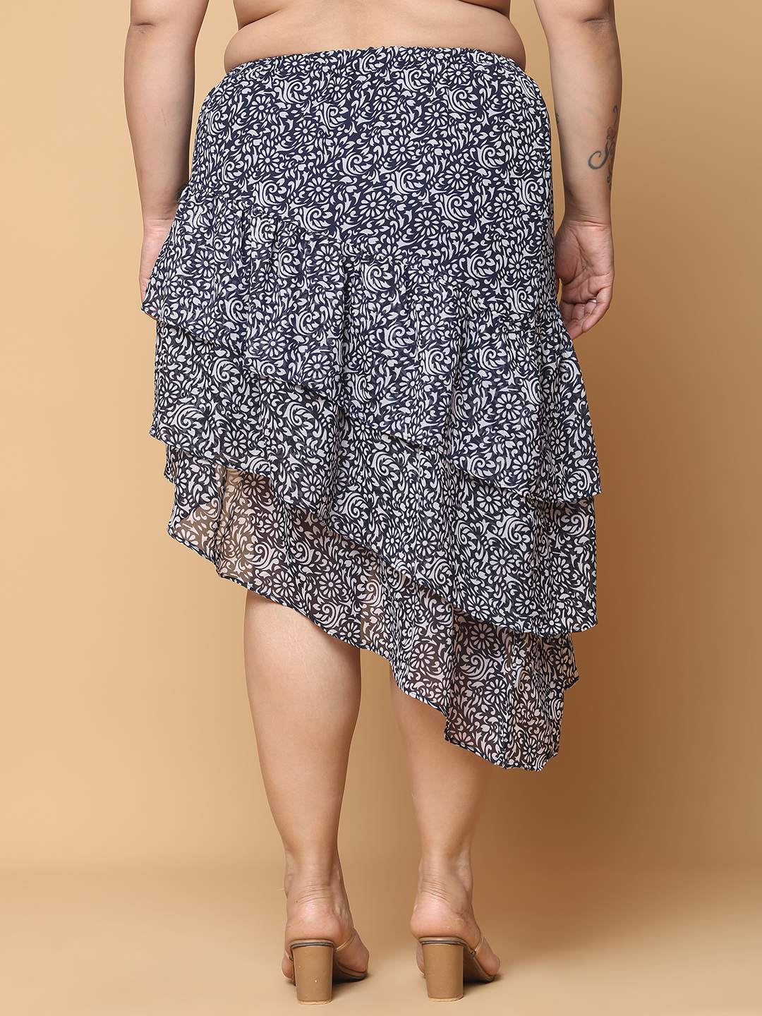 Women's Plus Size Navy Floral Printed A-Line Georgette Skirt with attached lining