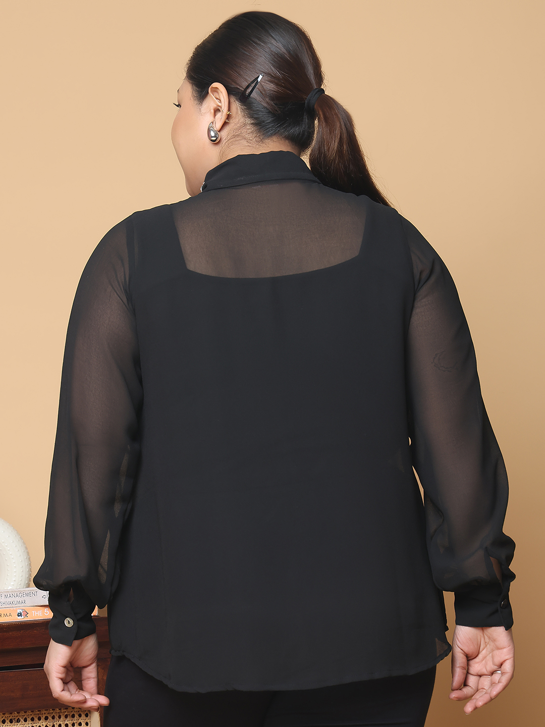 Women's Plus Size Black Solid Color Georgette Shirt