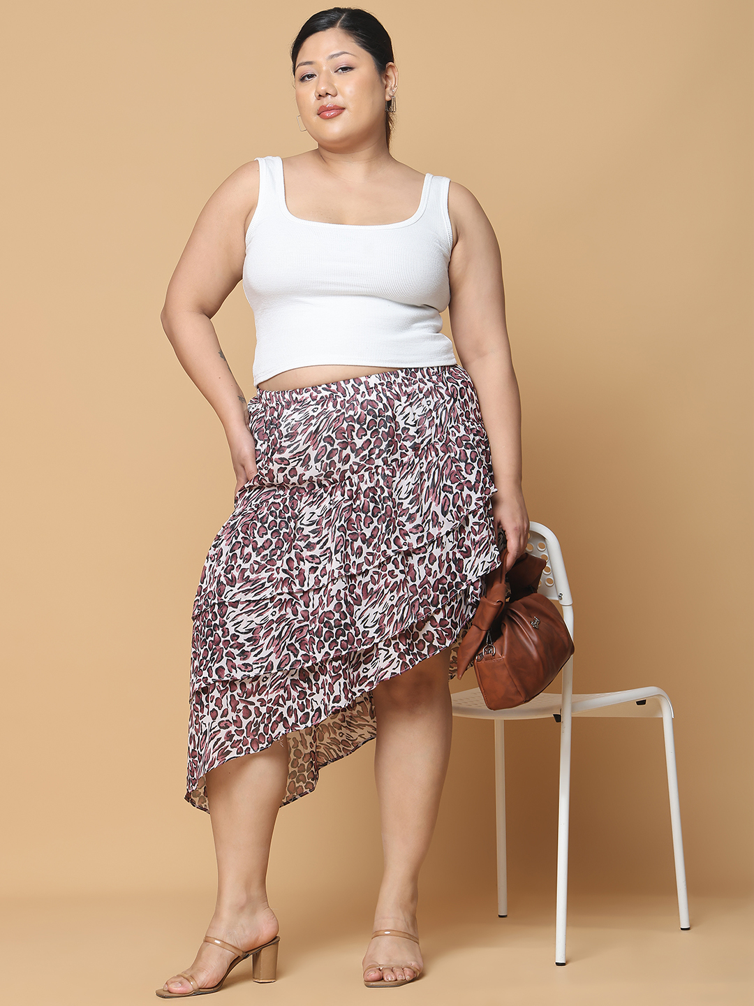 Women's Plus Size Leopard Animal Printed A-Line Georgette Skirt with attached lining
