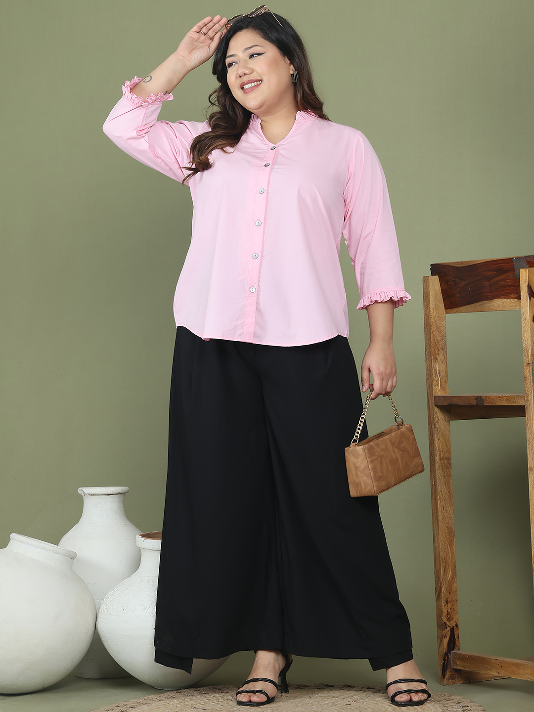 Women's Plus Size Pink Solid Color Cotton Woven Top