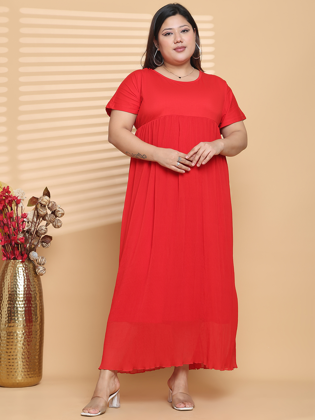 Women's Plus Size Red Solid Color A-Line Maxi Dress