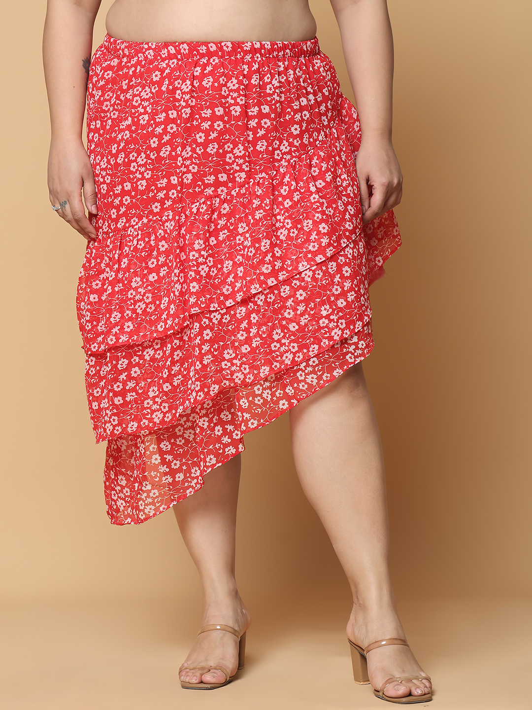 Women's Plus Size Red Floral Printed A-Line Georgette Skirt with attached lining