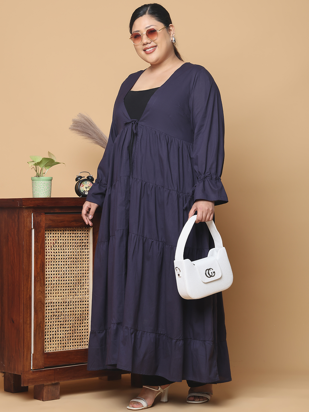 Women's Plus Size Navy Blue Solid Color Longline Cotton Shrug