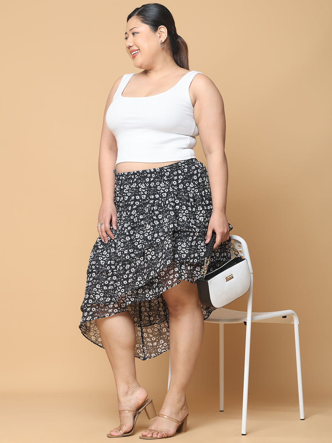 Women's Plus Size Black floral Printed A-Line Georgette Skirt with attached lining