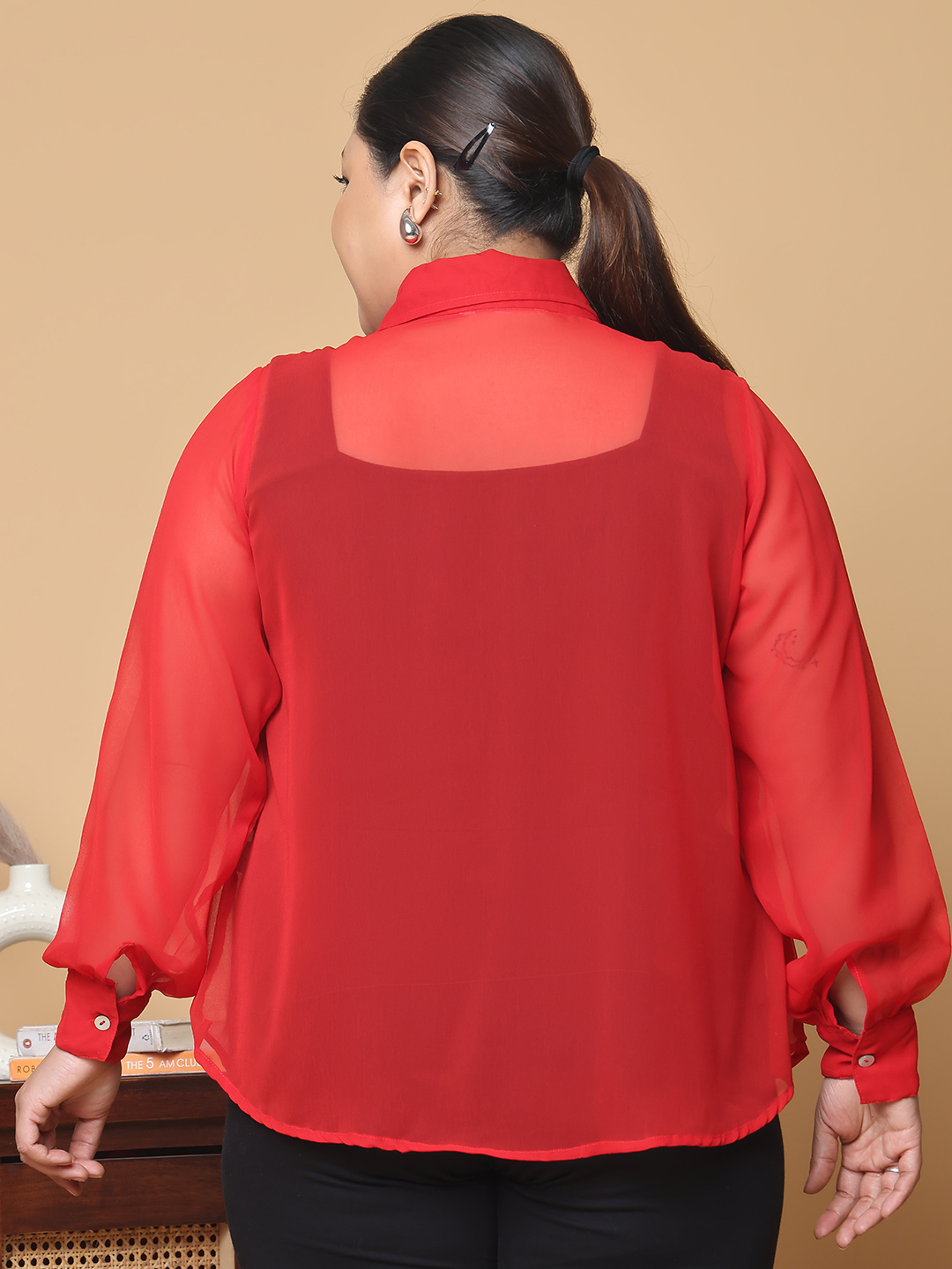 Women's Plus Size Red Solid Color Georgette Shirt