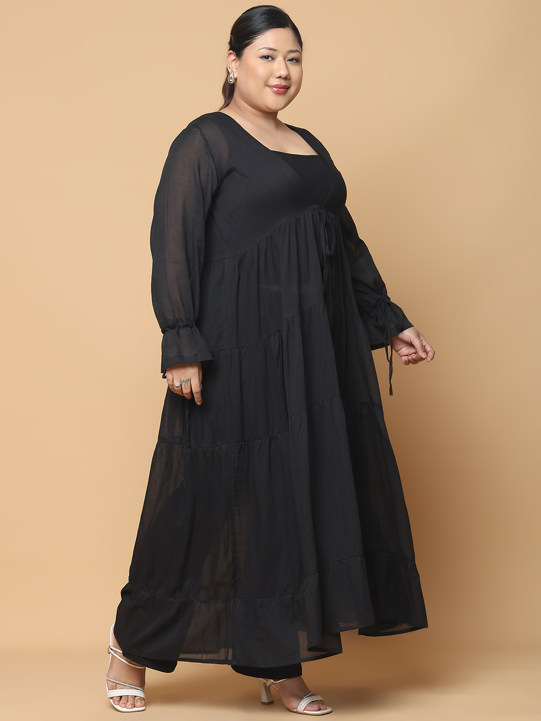 Women's Plus Size Black Solid Color Longline Cotton Shrug
