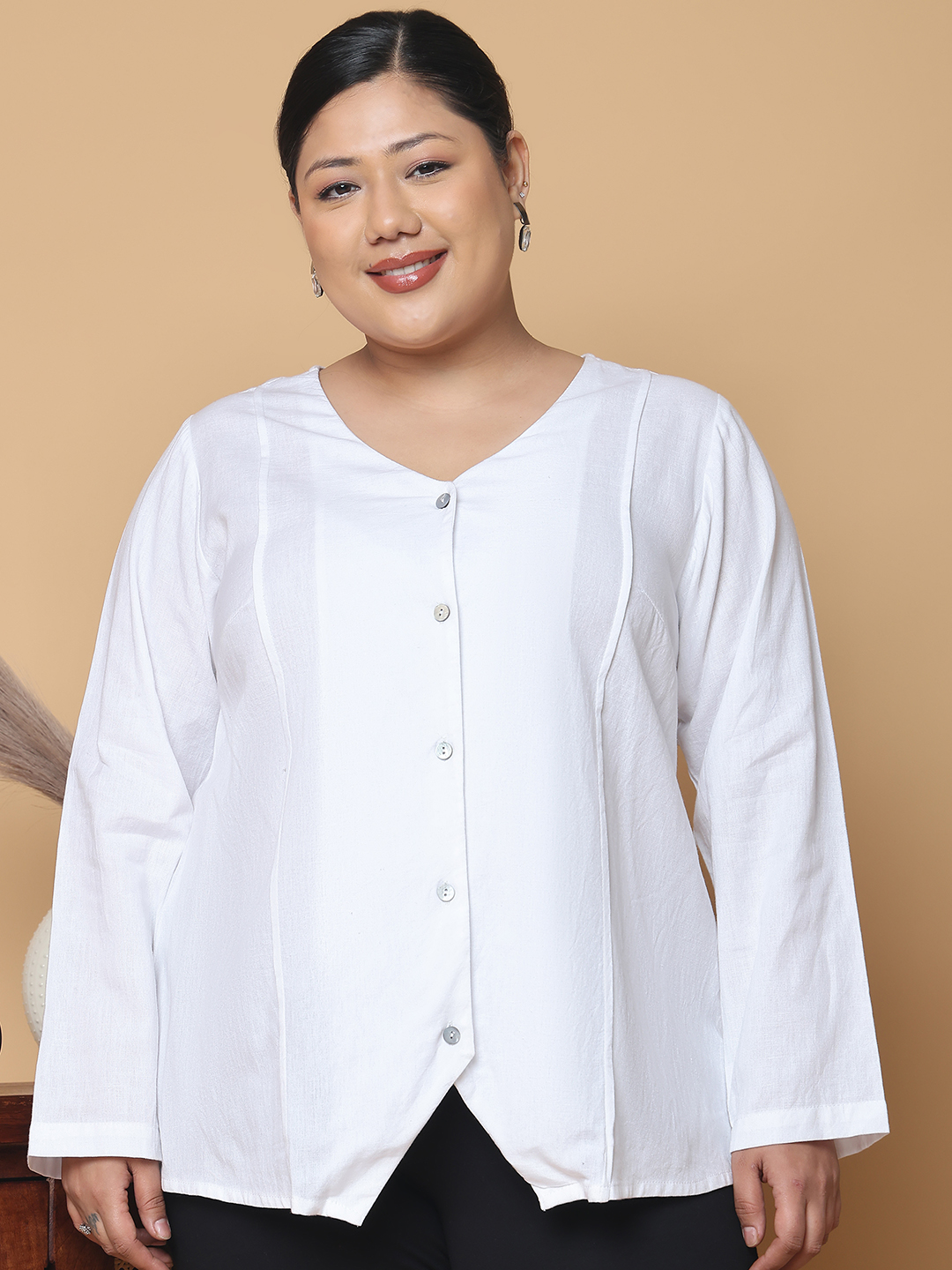Women's Plus Size White Solid Color Linen Top
