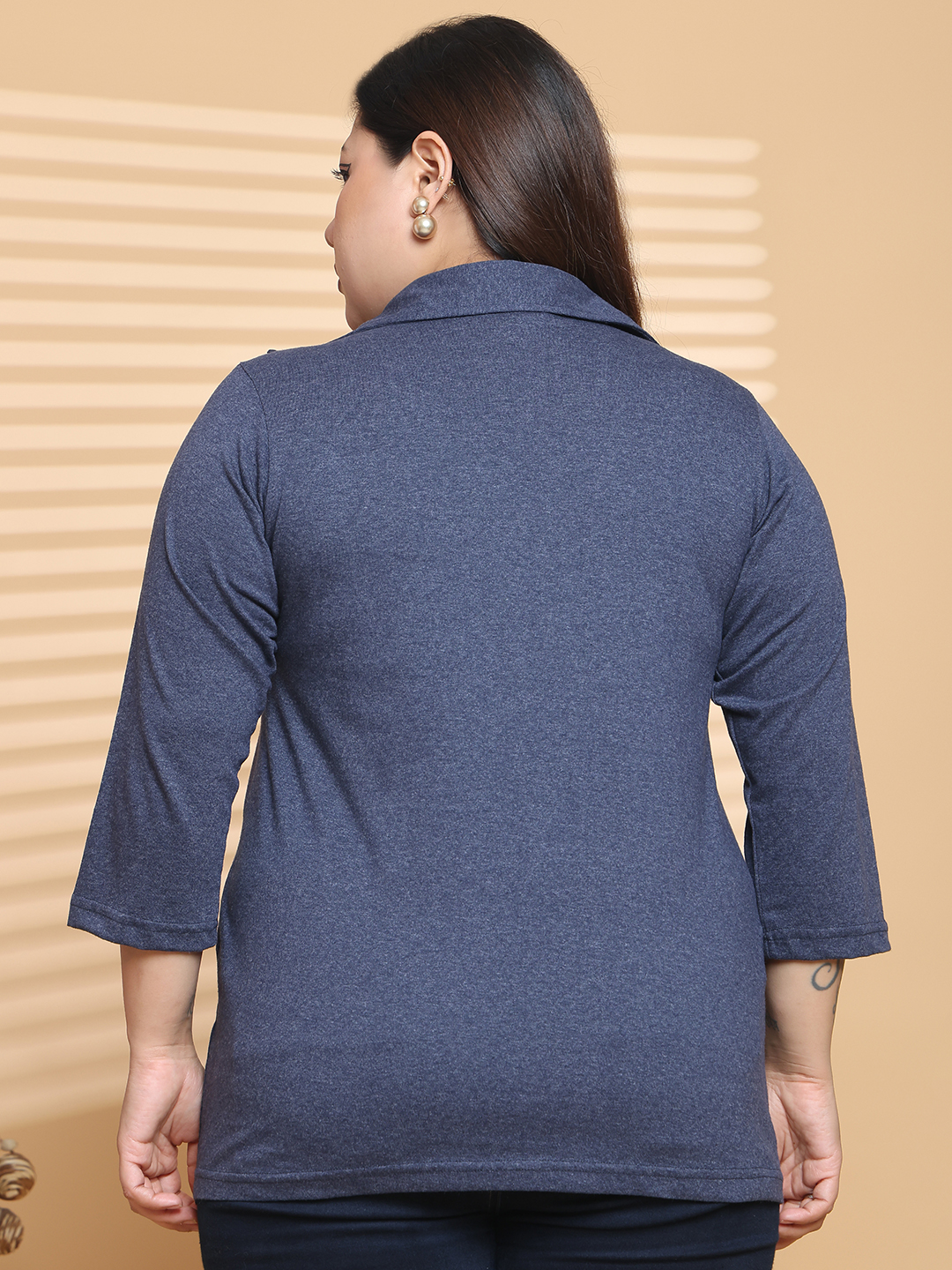 Women's Plus Size Melange Blue Solid Color Cotton knitted T-shirt