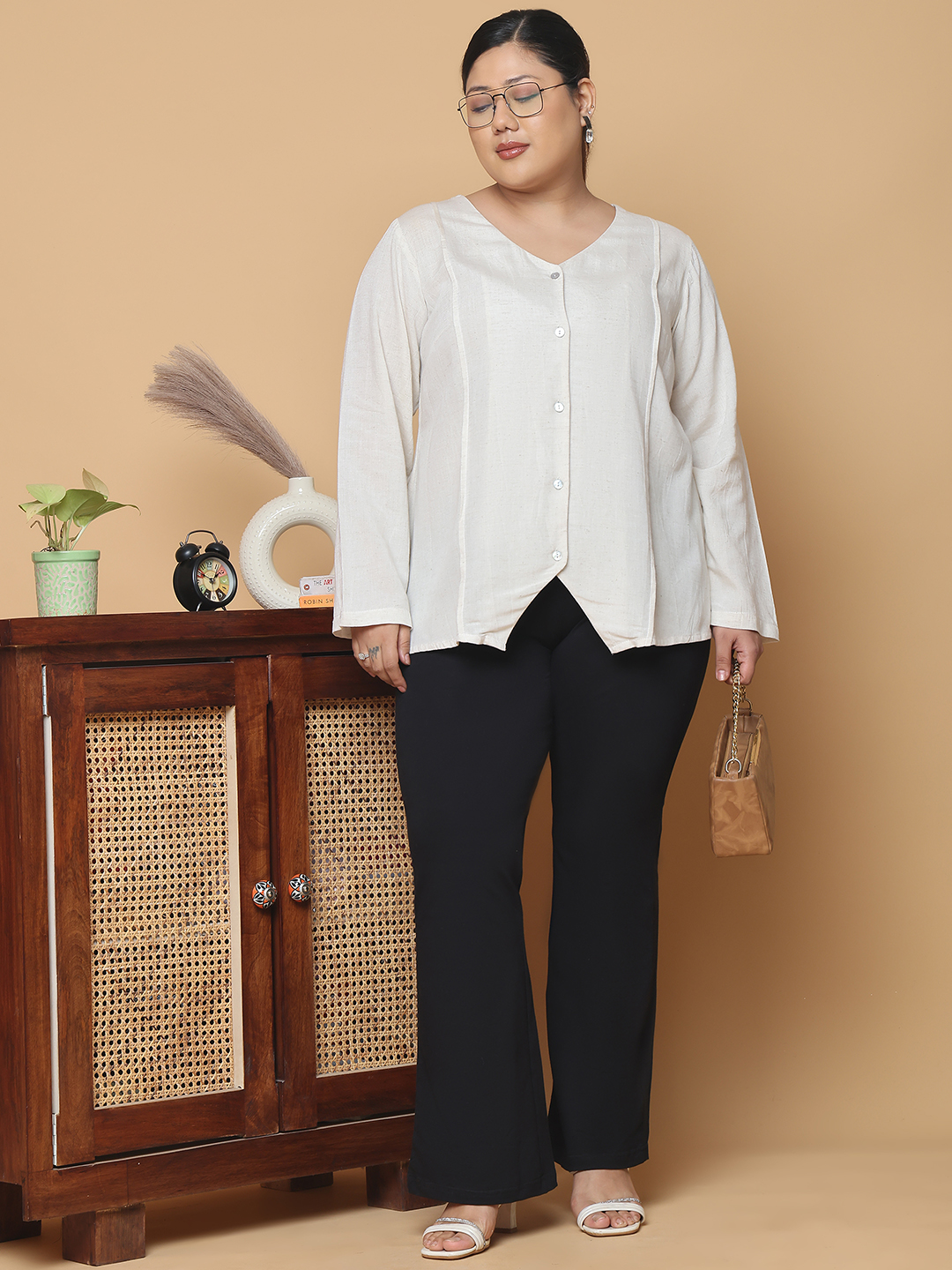 Women's Plus Size Natural Solid Color Linen Top