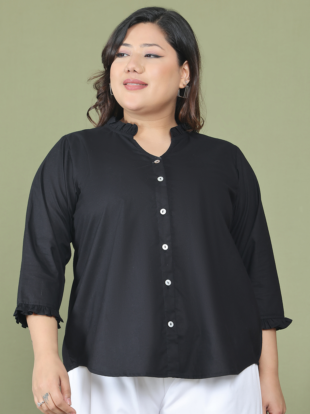 Women's Plus Size Black Solid Color Cotton Woven Top