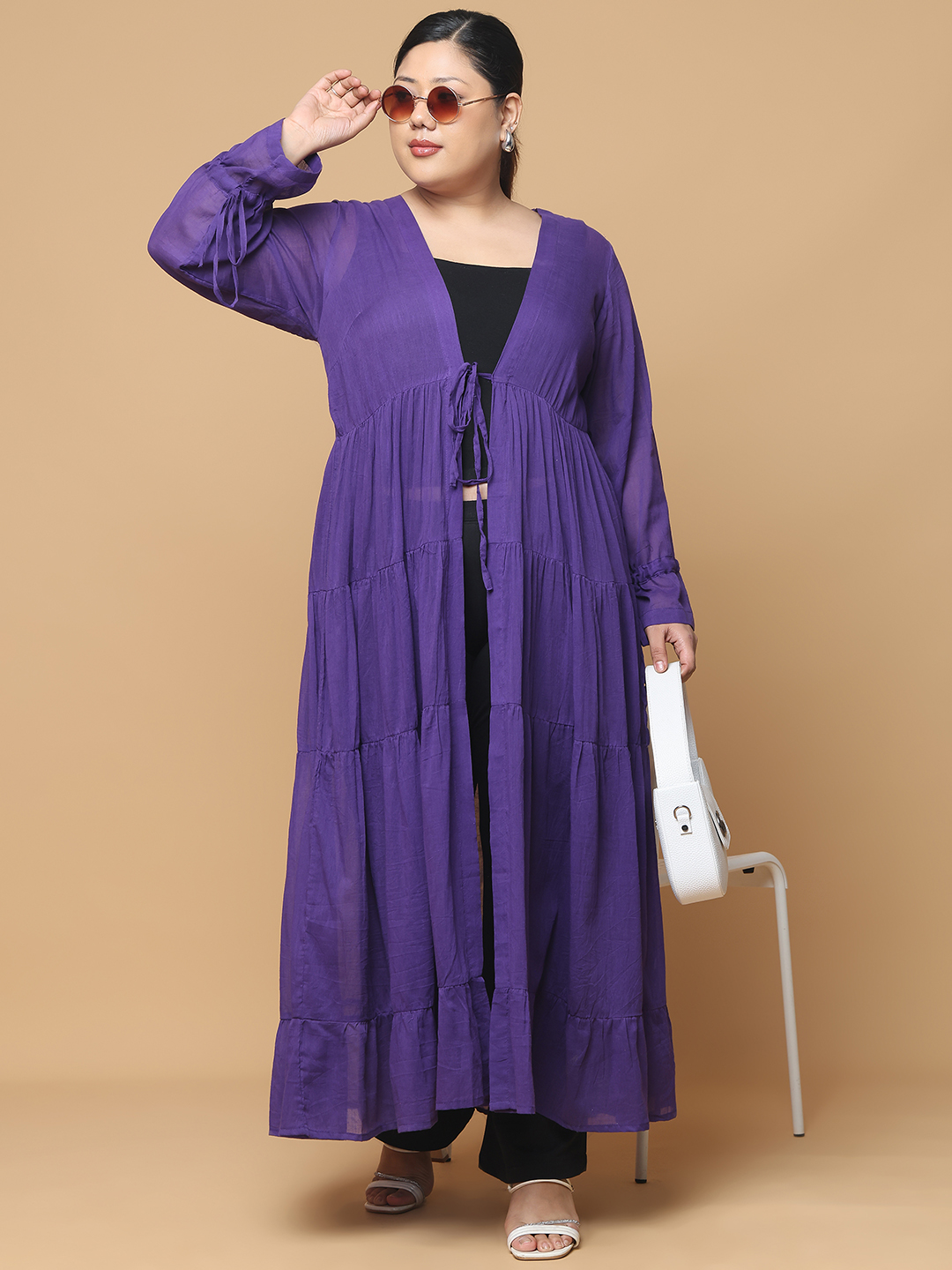 Women's Plus Size Purple Solid Color Longline Cotton Shrug