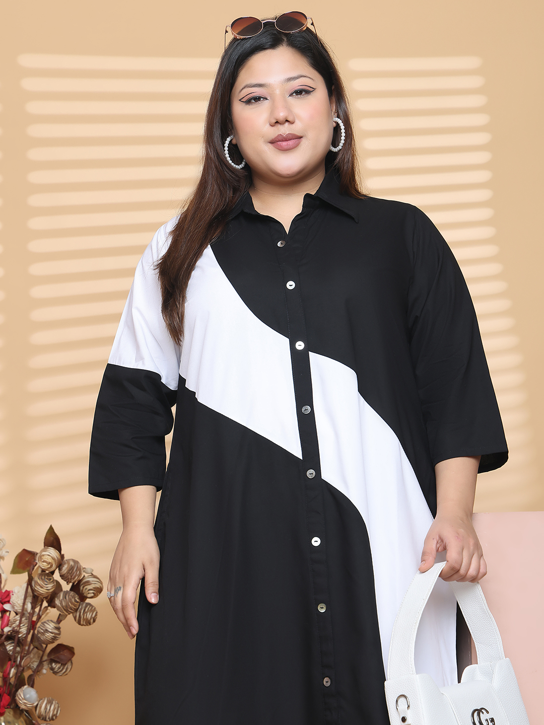 Women's Plus Size Black & White Color Block Shirt Dress