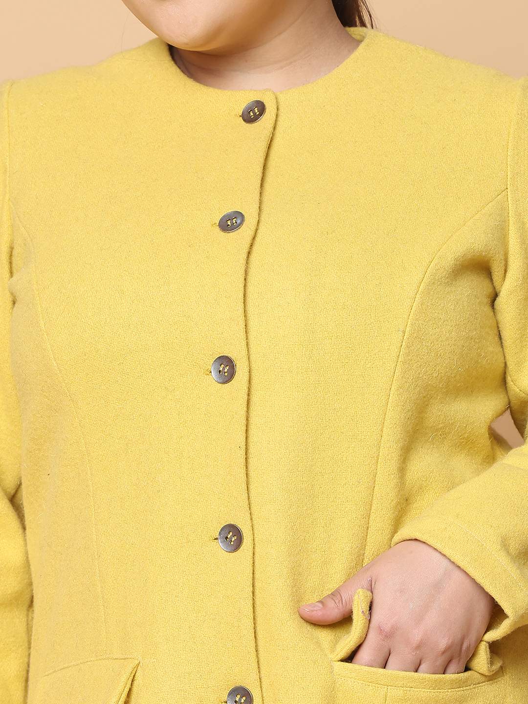 Women's Plus Size Mustard Solid Color Felt winter Jacket, has a round neck, front open button closures, long sleeves, two front flap pockets and straight hem.