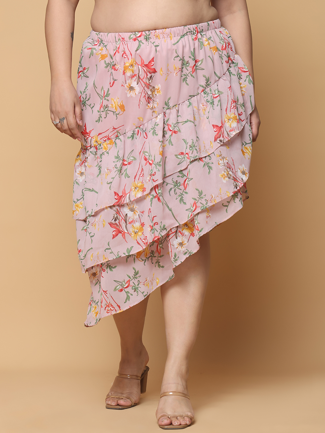 Women's Plus Size Pink Floral Printed A-Line Georgette Skirt with attached lining