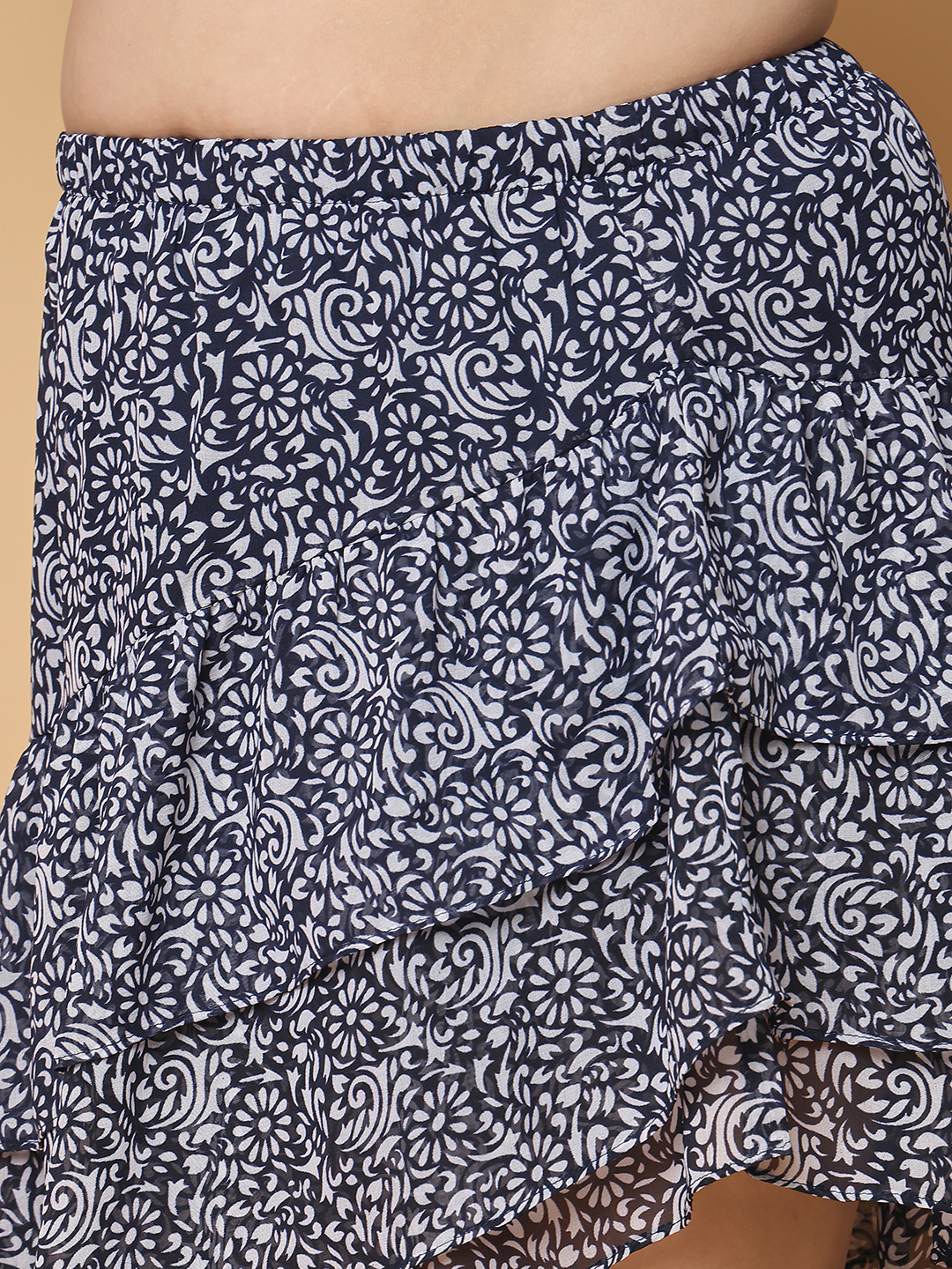 Women's Plus Size Navy Floral Printed A-Line Georgette Skirt with attached lining