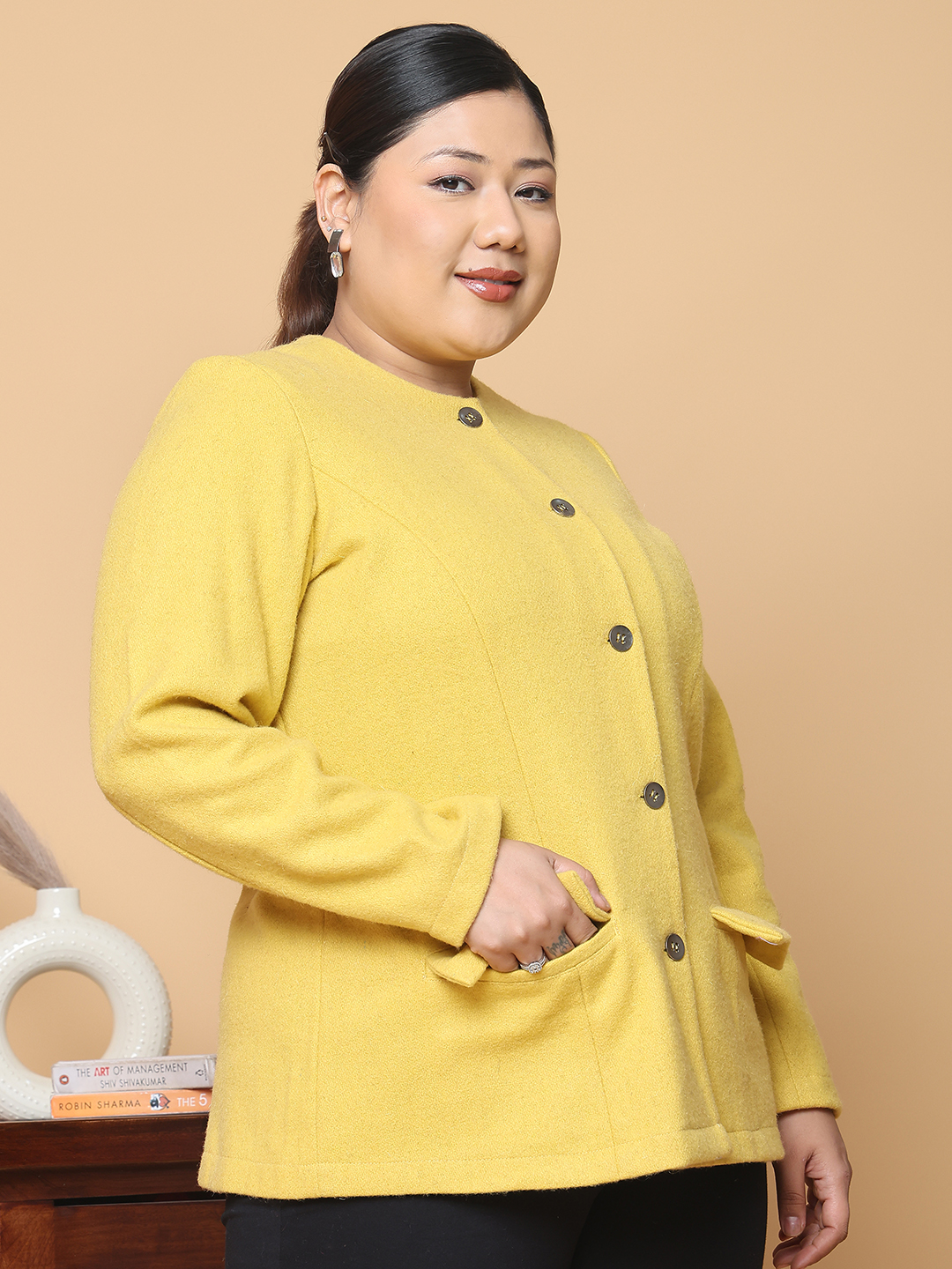 Women's Plus Size Mustard Solid Color Felt winter Jacket, has a round neck, front open button closures, long sleeves, two front flap pockets and straight hem.
