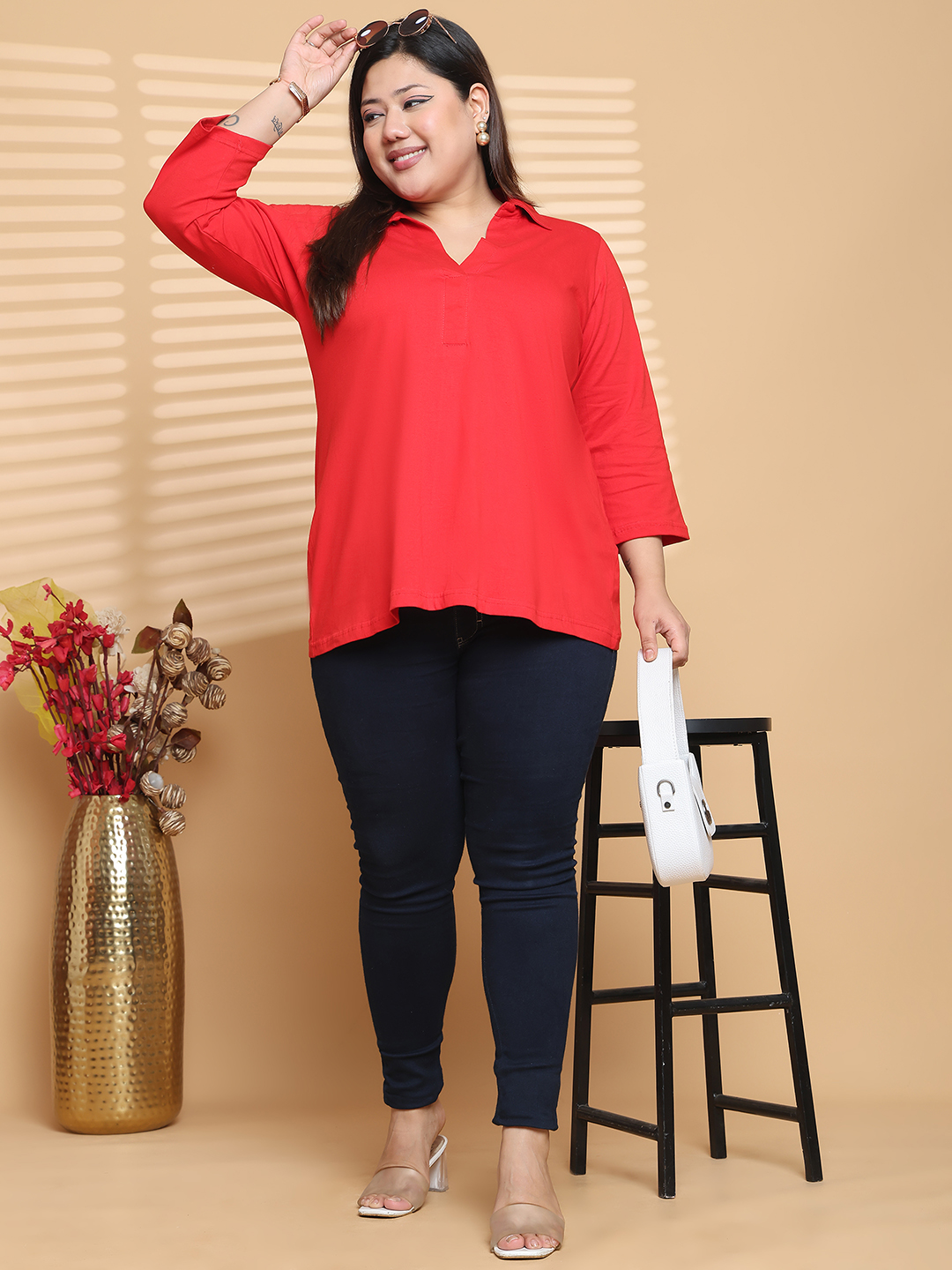 Women's Plus Size Red Solid Color Cotton knitted T-shirt