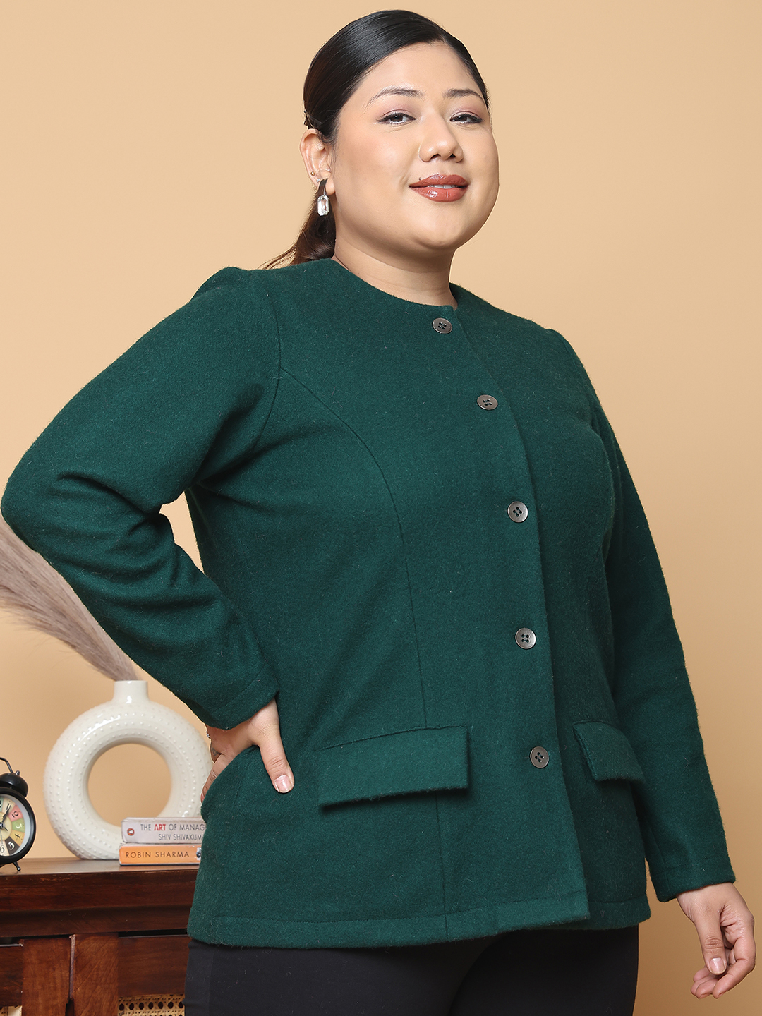 Women's Plus Size Bright Green Solid Color Felt winter Jacket, has a round neck, front open button closures, long sleeves, two front flap pockets and straight hem.