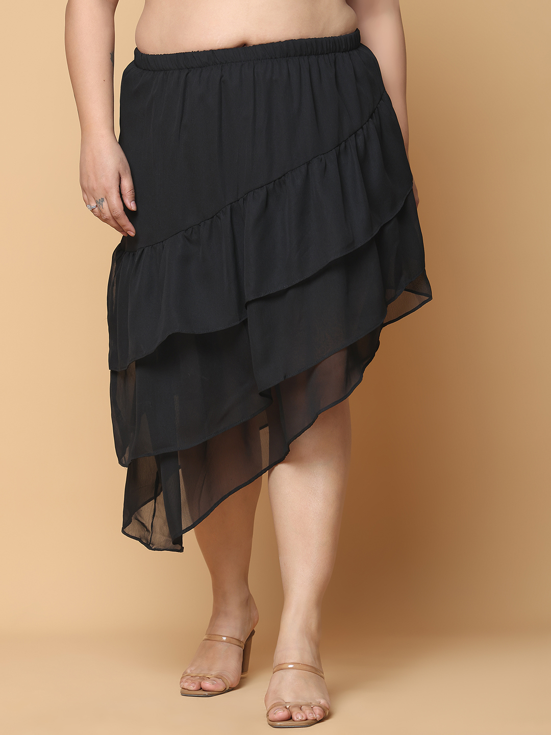 Women's Plus Size Black Solid Color A-Line Georgette Skirt with attached lining