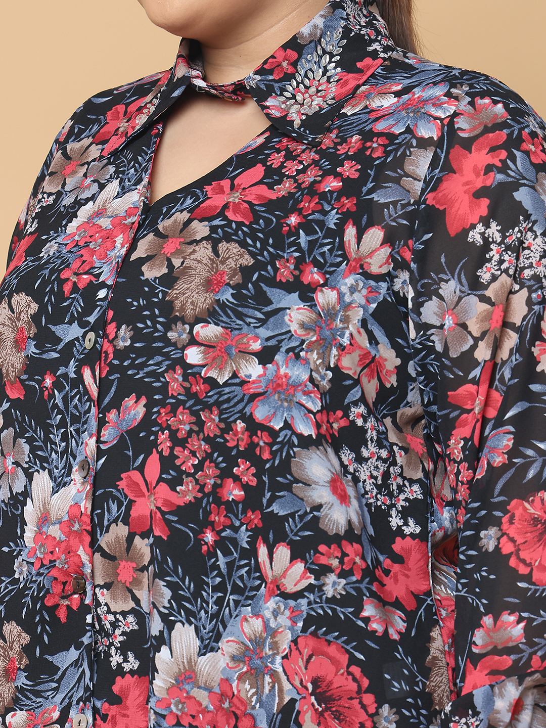 Women's Plus Size Black & Red floral printed Georgette Shirt