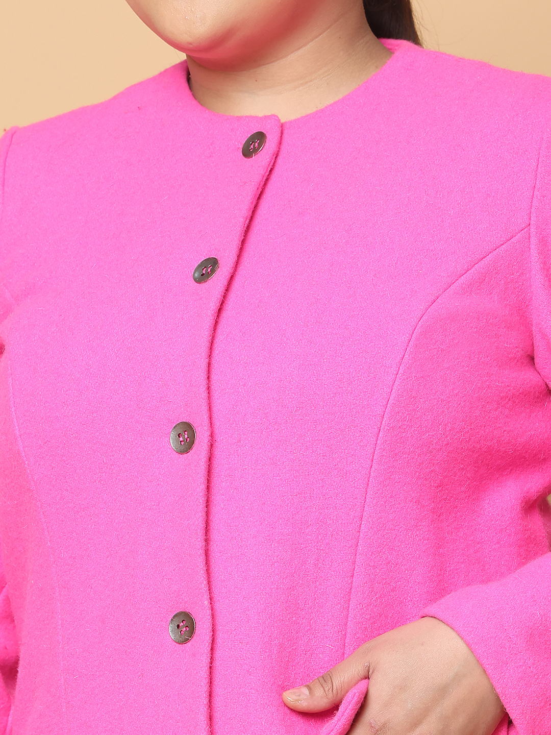 Women's Plus Size Dark Pink Solid Color Felt winter Jacket, has a round neck, front open button closures, long sleeves, two front flap pockets and straight hem.