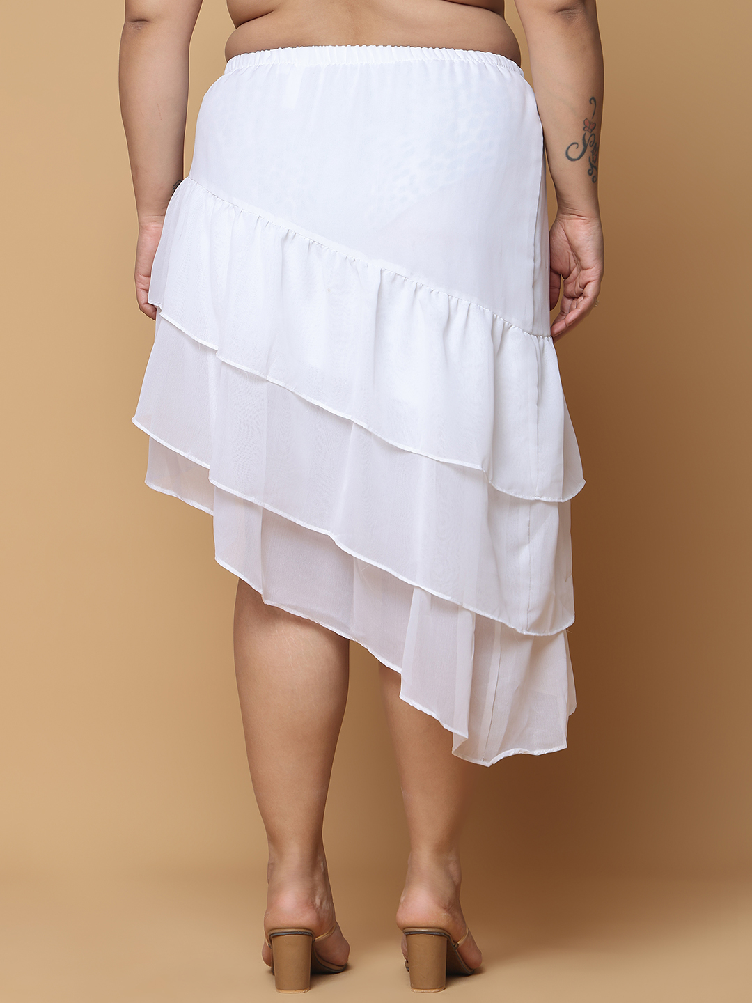 Women's Plus Size White Solid Color A-Line Georgette Skirt with attached lining