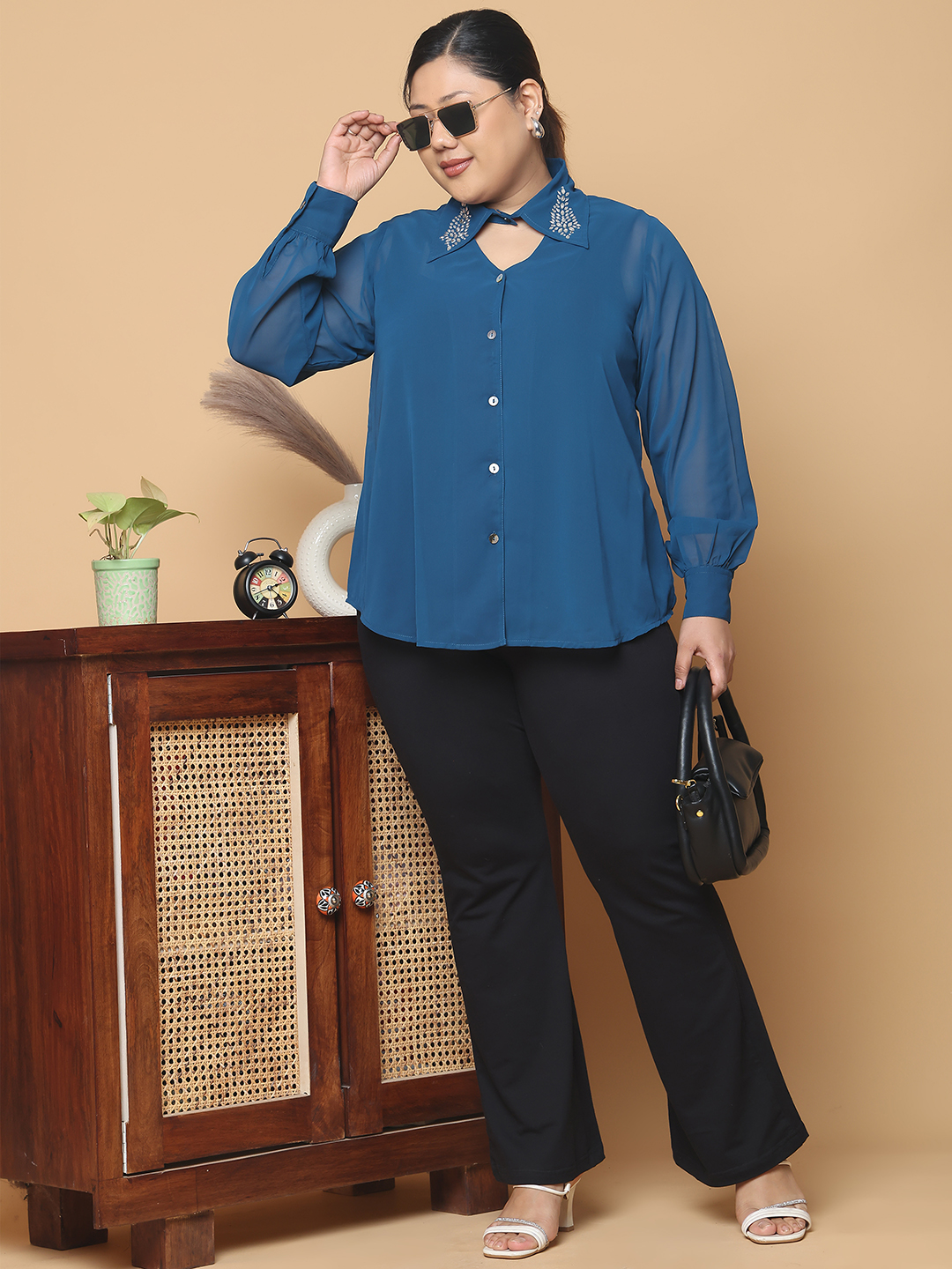 Women's Plus Size Teal Solid Color Georgette Shirt